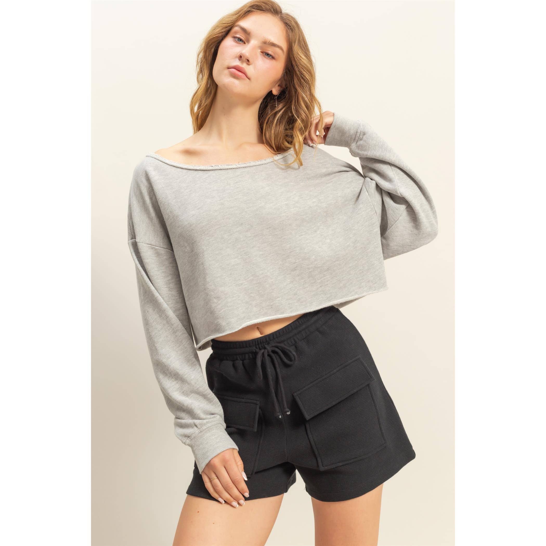 Frayed Detail Long Sleeve Crop Top: SAGE GREEN / S-M-L(2-2-2)
