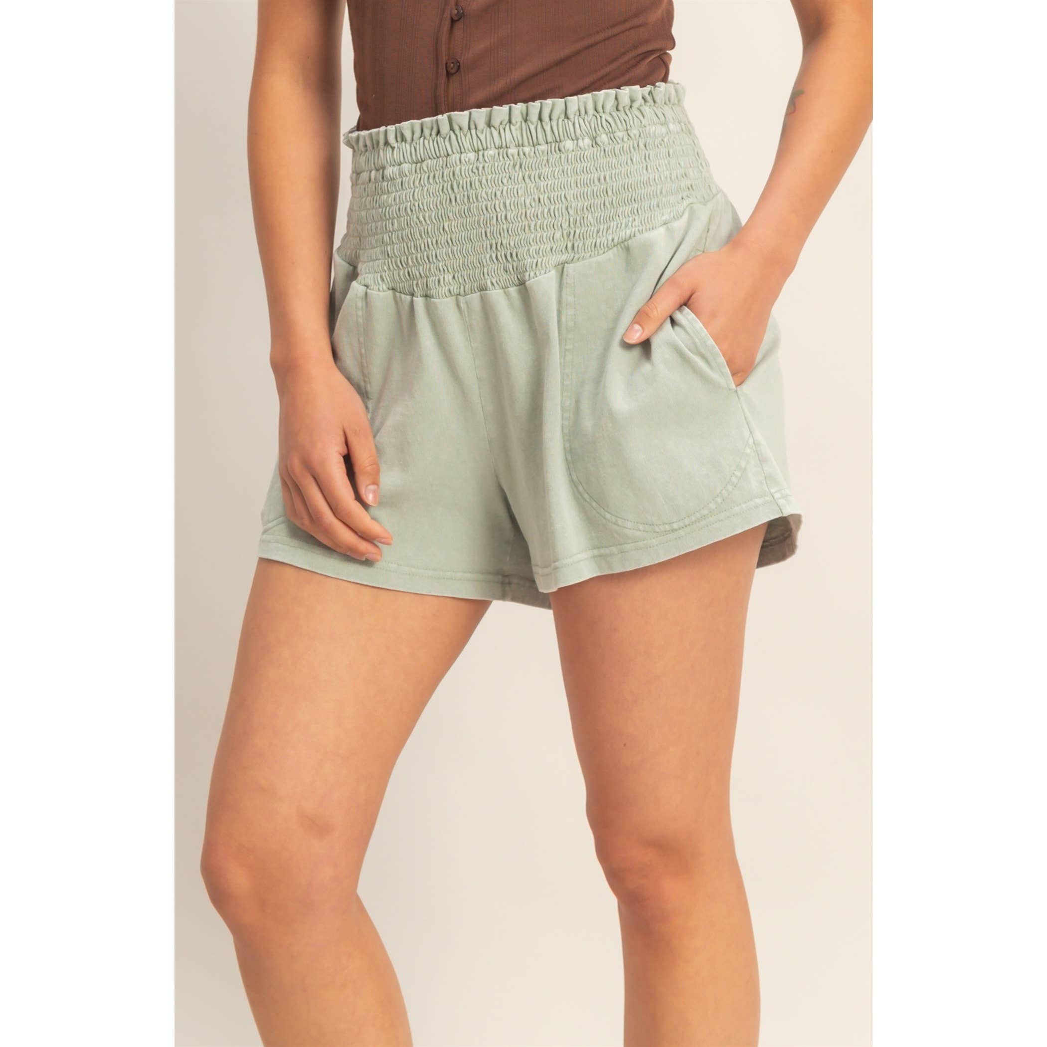 Smocked Waist Mineral Wash Shorts: FUCHSIA / S-M-L(2-2-2)