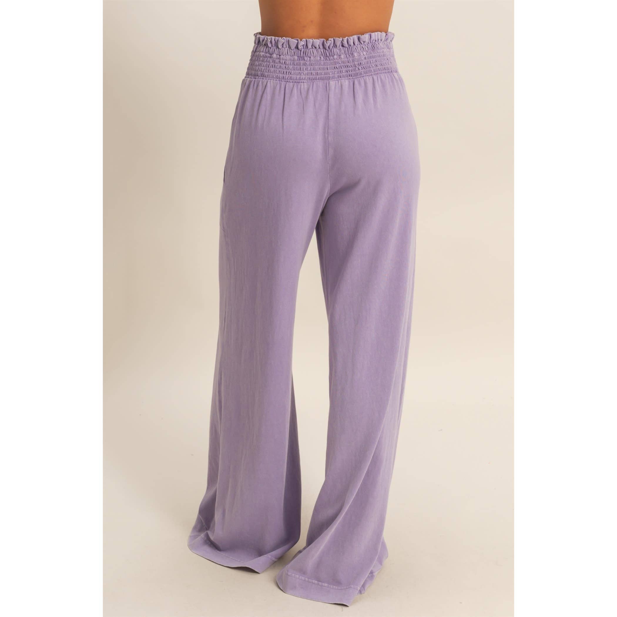 Mineral Washed Wide-Leg Smocked Waist Pants: SOFT PINK / S-M-L(2-2-2)