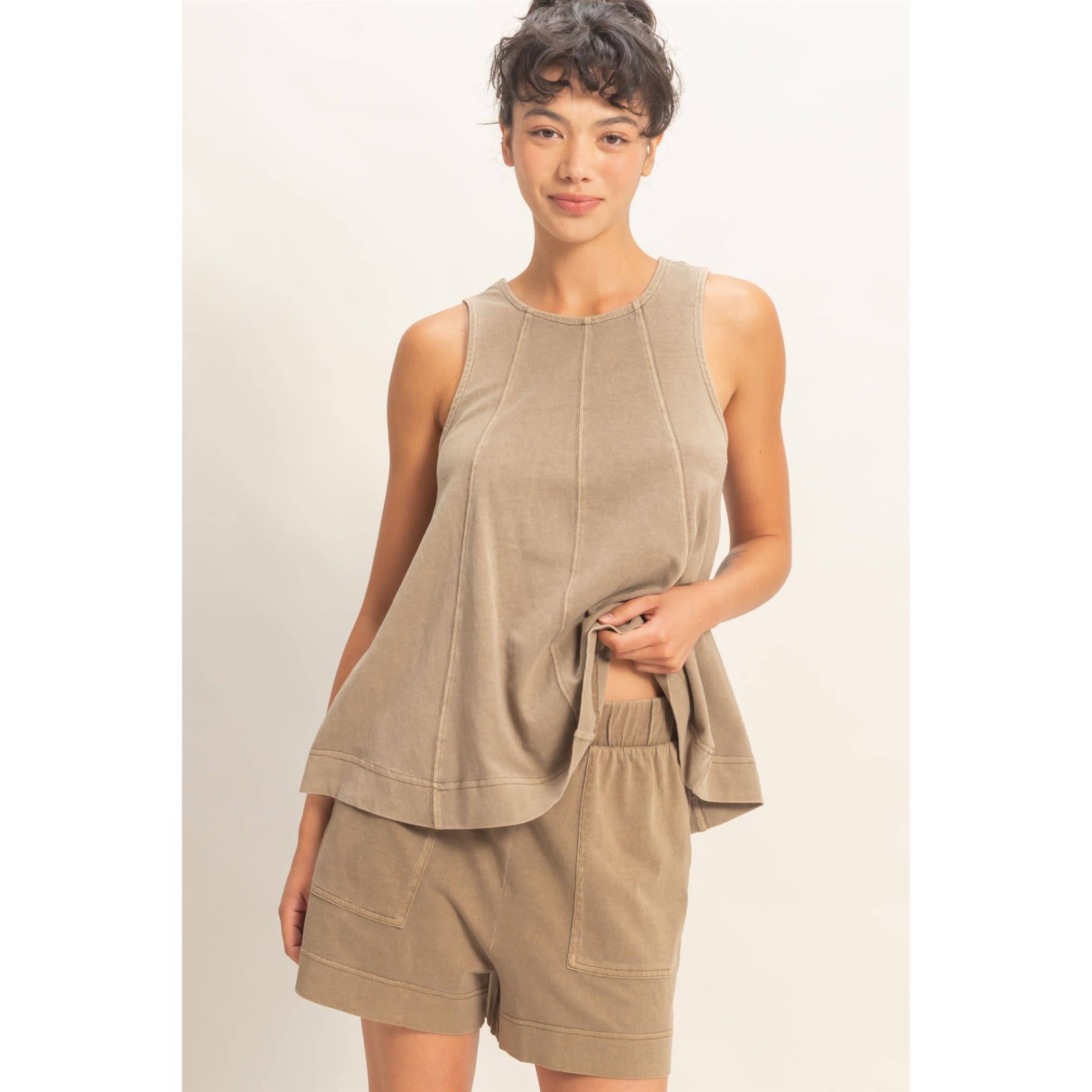 Sleeveless Round Neck Top & Shorts Set: DUSTY PURPLE / S-M-L(2-2-2)