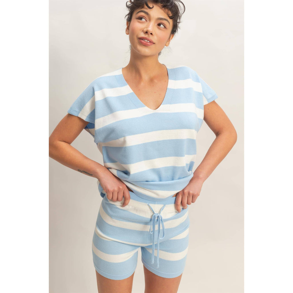 V-Neck Top & Striped Shorts Set: BLUE / S-M-L(2-2-2)