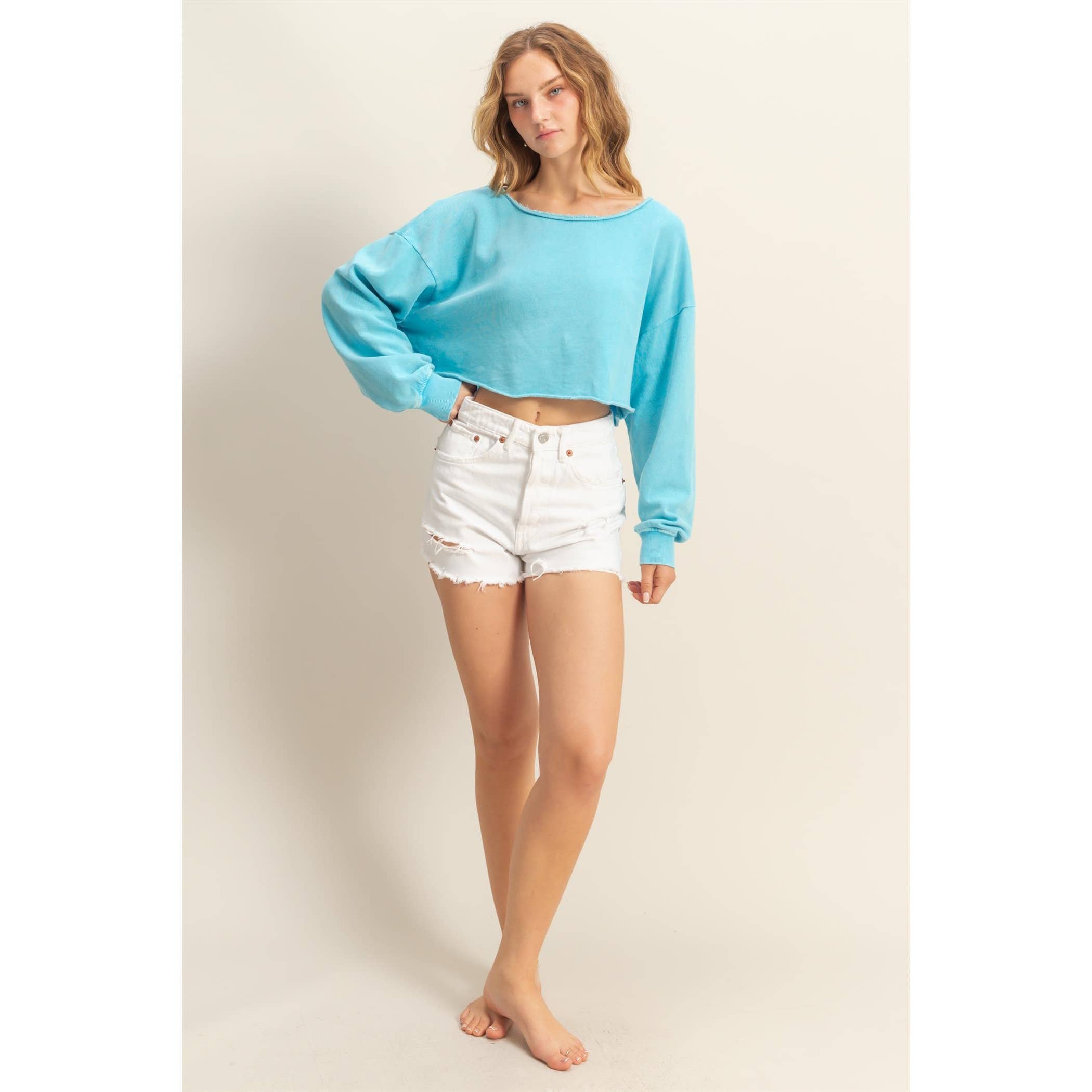 Frayed Detail Long Sleeve Crop Top: SAGE GREEN / S-M-L(2-2-2)