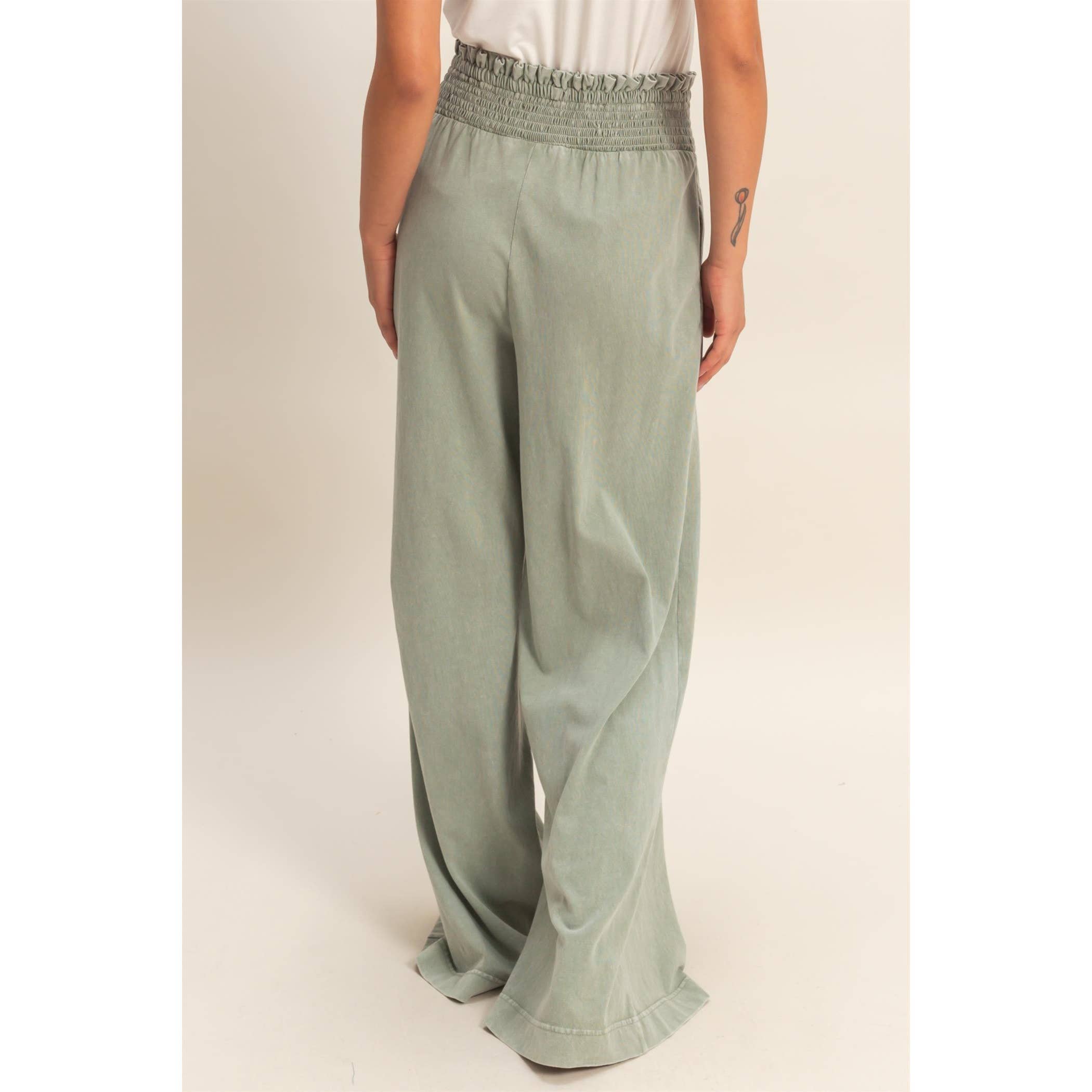 Mineral Washed Wide-Leg Smocked Waist Pants: SOFT PINK / S-M-L(2-2-2)