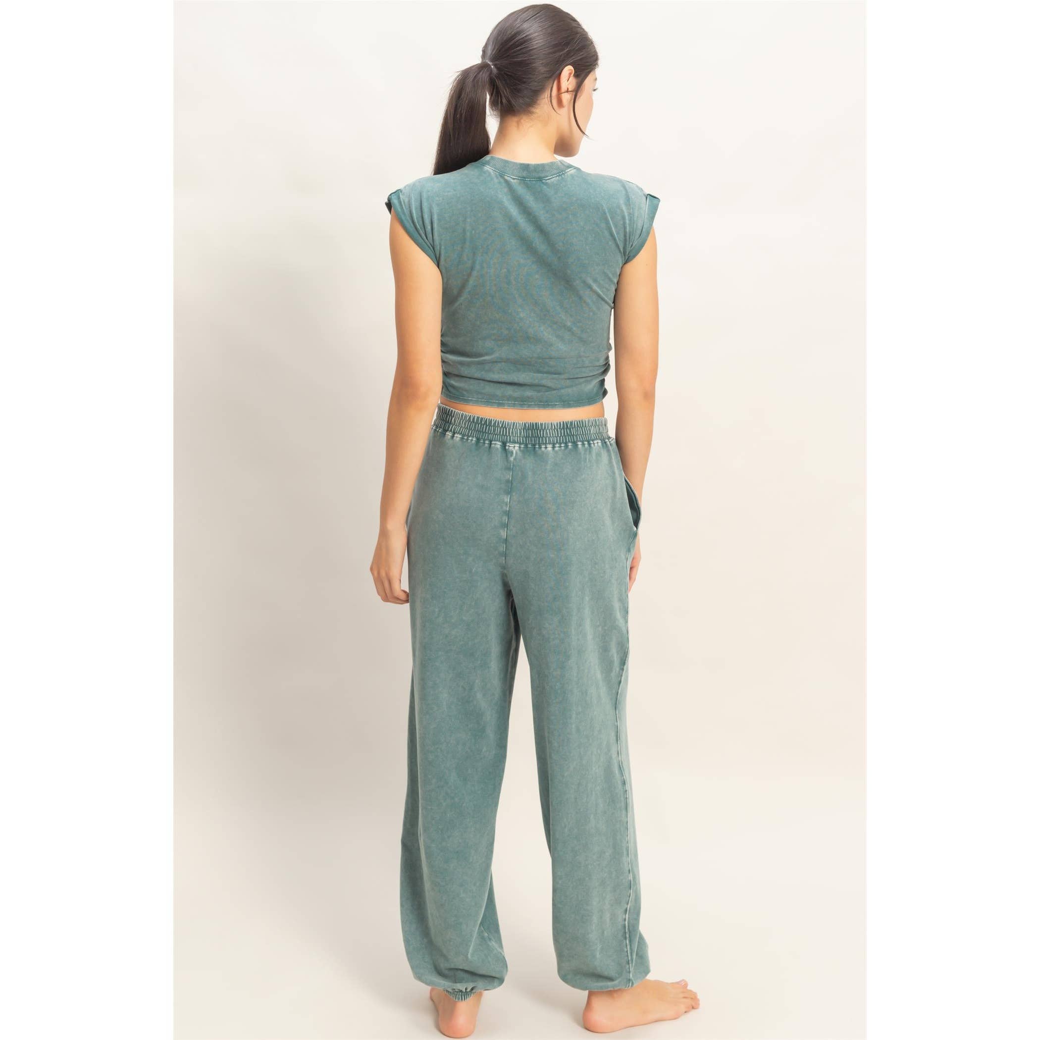Rolled Sleeve Wrap-Front Crop Top And Jogger Set: SAGE GREEN / S-M-L(2-2-2)