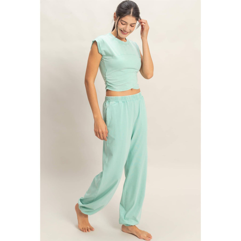 Rolled Sleeve Wrap-Front Crop Top And Jogger Set: SAGE GREEN / S-M-L(2-2-2)