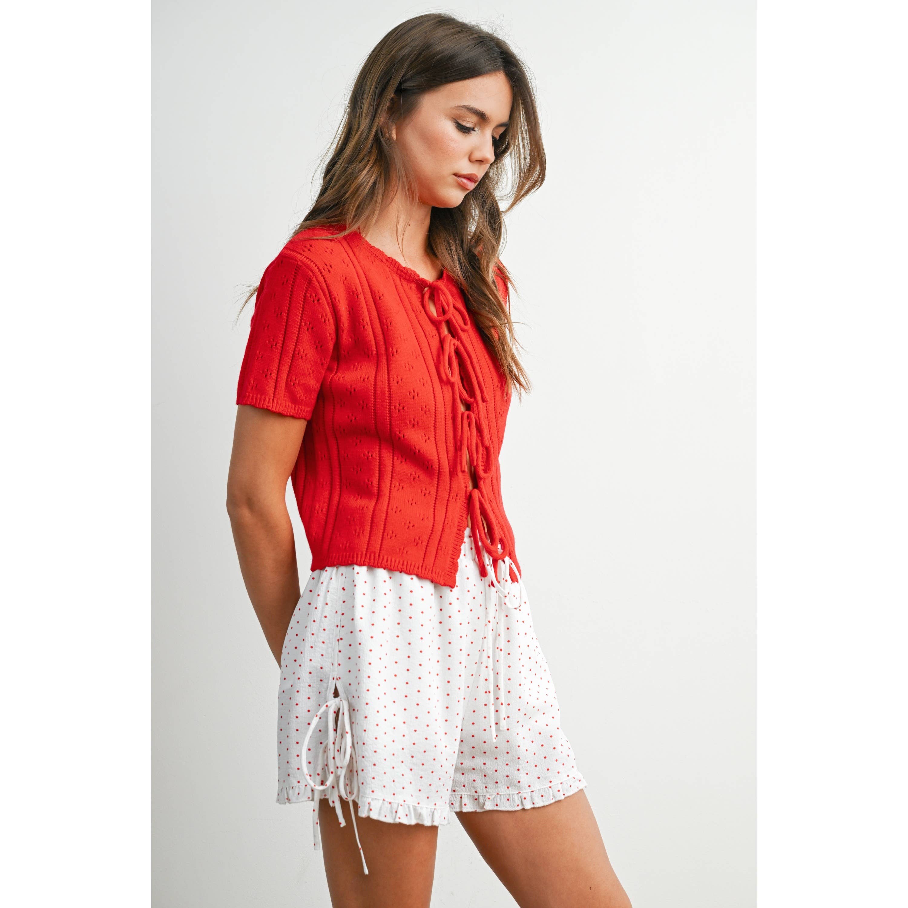 Polka Dot Ruffle Hem Tie-Side Shorts - BMP8189: IVORY / BLACK / L