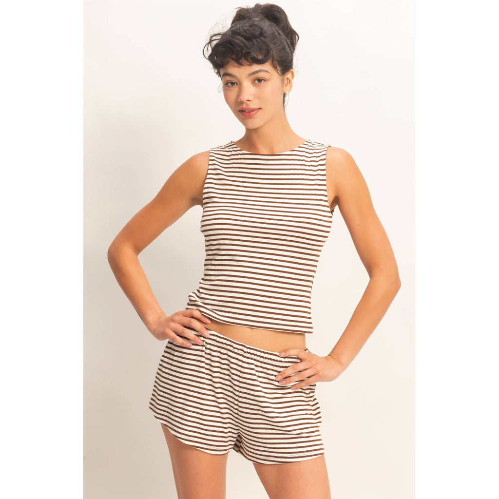Striped Sleeveless Tank And Shorts Set: BLACK / S-M-L(2-2-2)