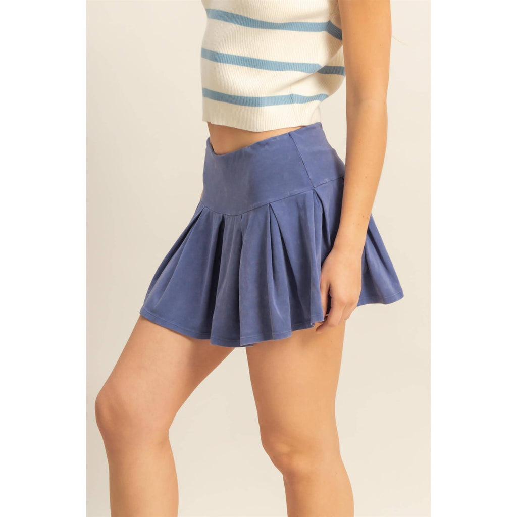 Mid Rise Pleated Mini Skort: DUSTY INDIGO / S-M-L(2-2-2)