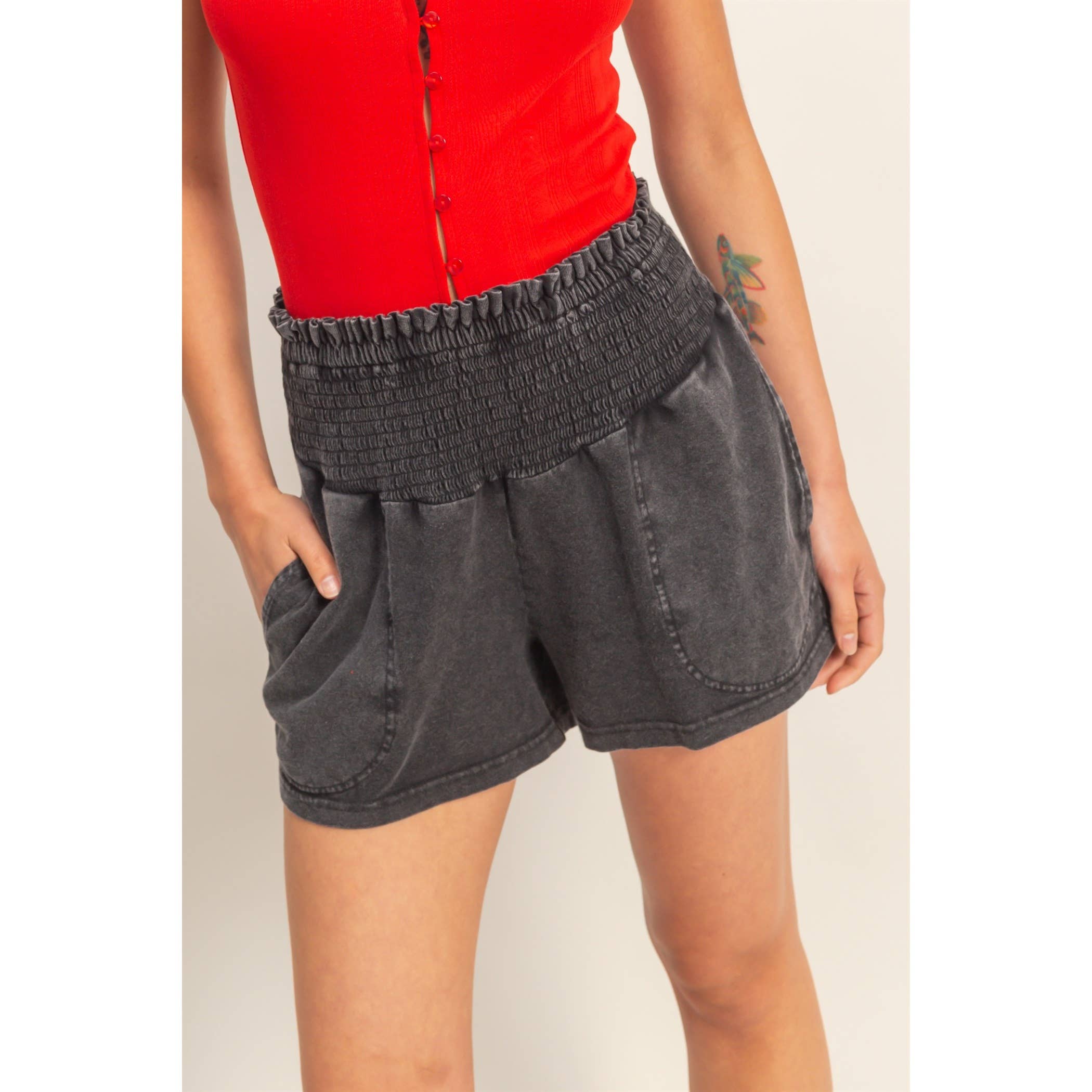 Smocked Waist Mineral Wash Shorts: FUCHSIA / S-M-L(2-2-2)