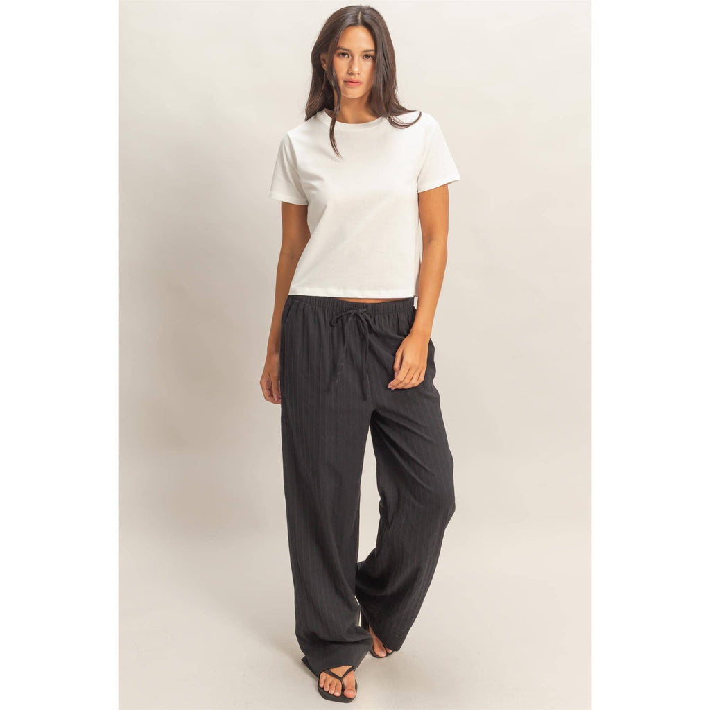 Pinstriped Jacquard Drawstring Pants: NAVY / S-M-L(2-2-2)