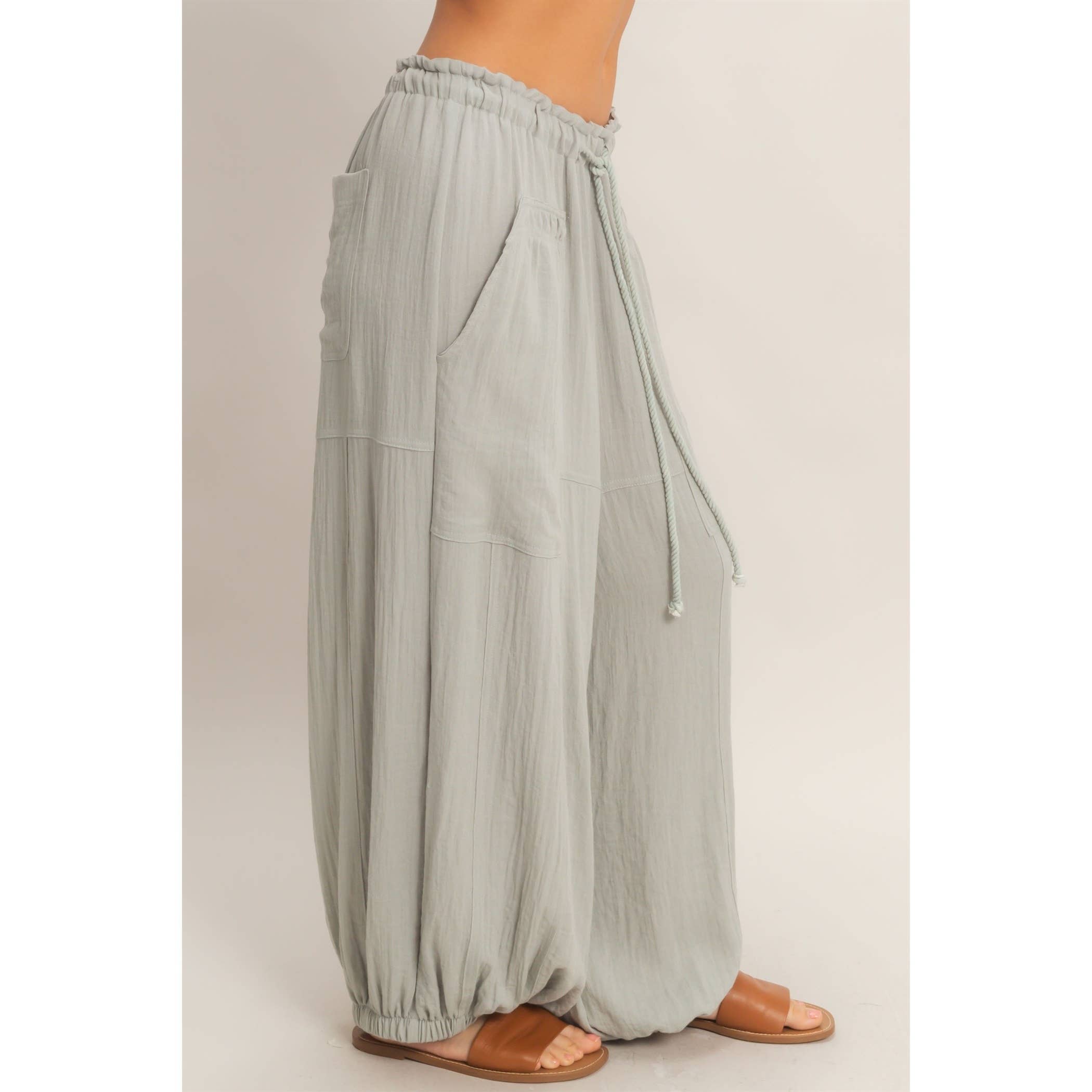 Elastic Hem Drawstring Pants: DUSTY SAGE / S-M-L(2-2-2)
