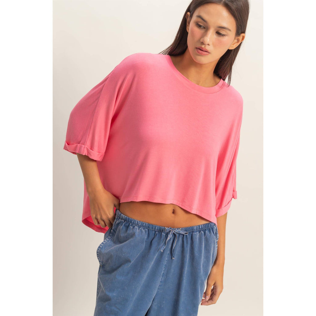 Relaxed High-Low Batwing Sleeve Top: BLACK / S-M-L(2-2-2)