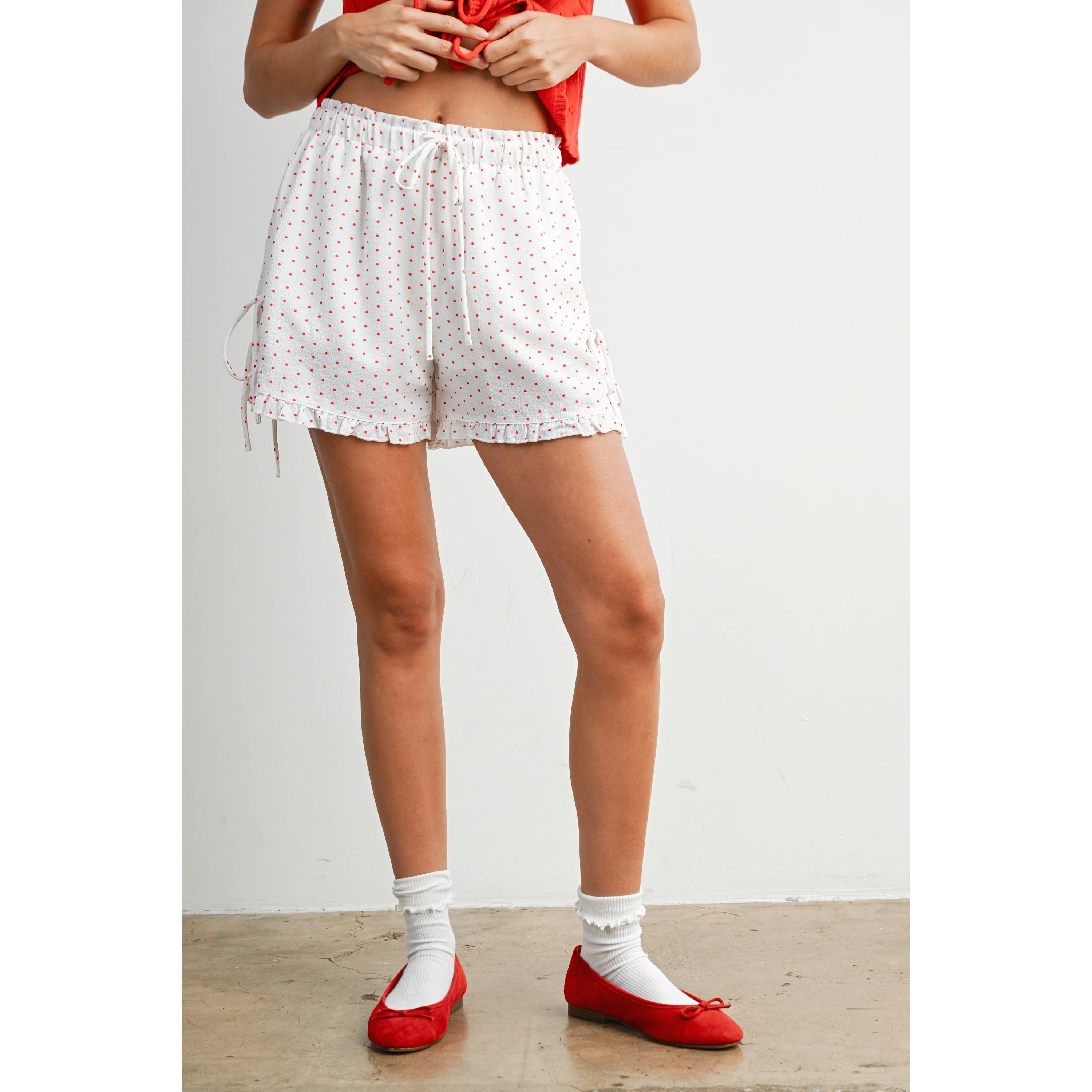 Polka Dot Ruffle Hem Tie-Side Shorts - BMP8189: IVORY / BLACK / M