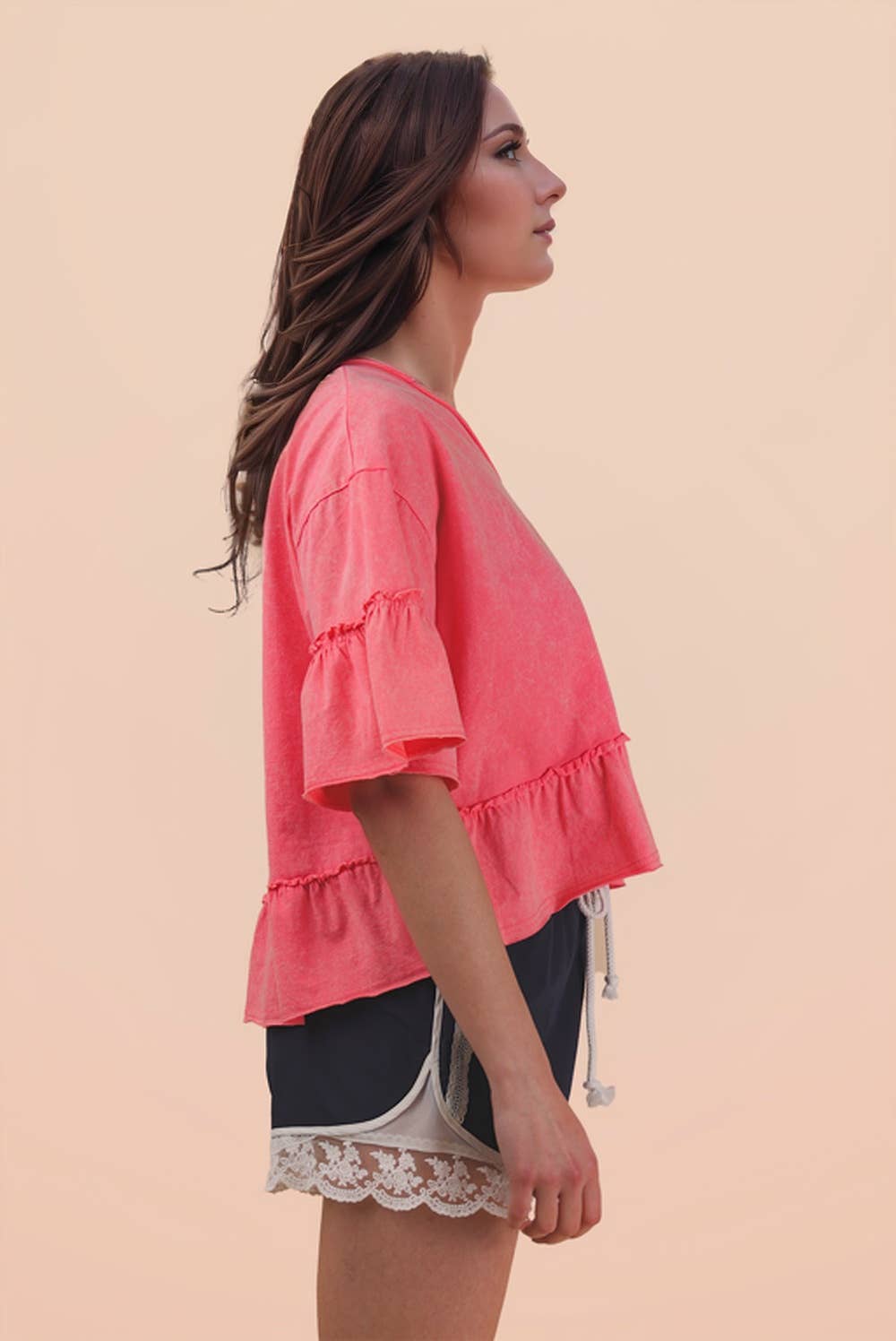 Mineral Washed Ruffle Detail Knit Top: BLUE /