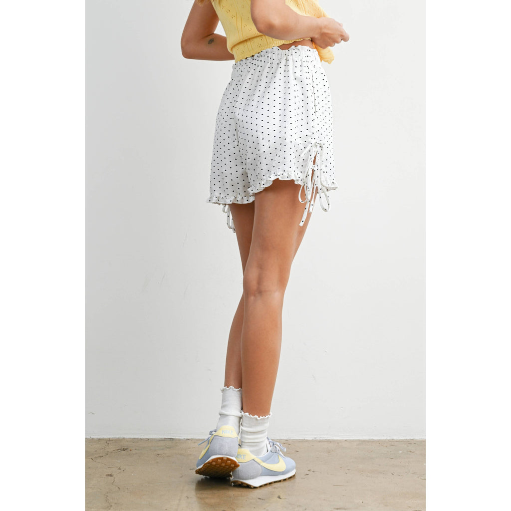 Polka Dot Ruffle Hem Tie-Side Shorts - BMP8189: IVORY / BLACK / L