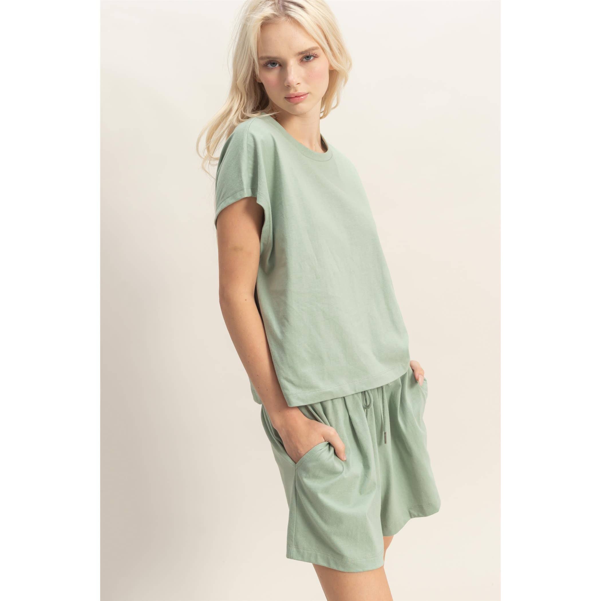 Cap Sleeve Boxy Top And Shorts Set: SAGE GREEN / S-M-L(2-2-2)