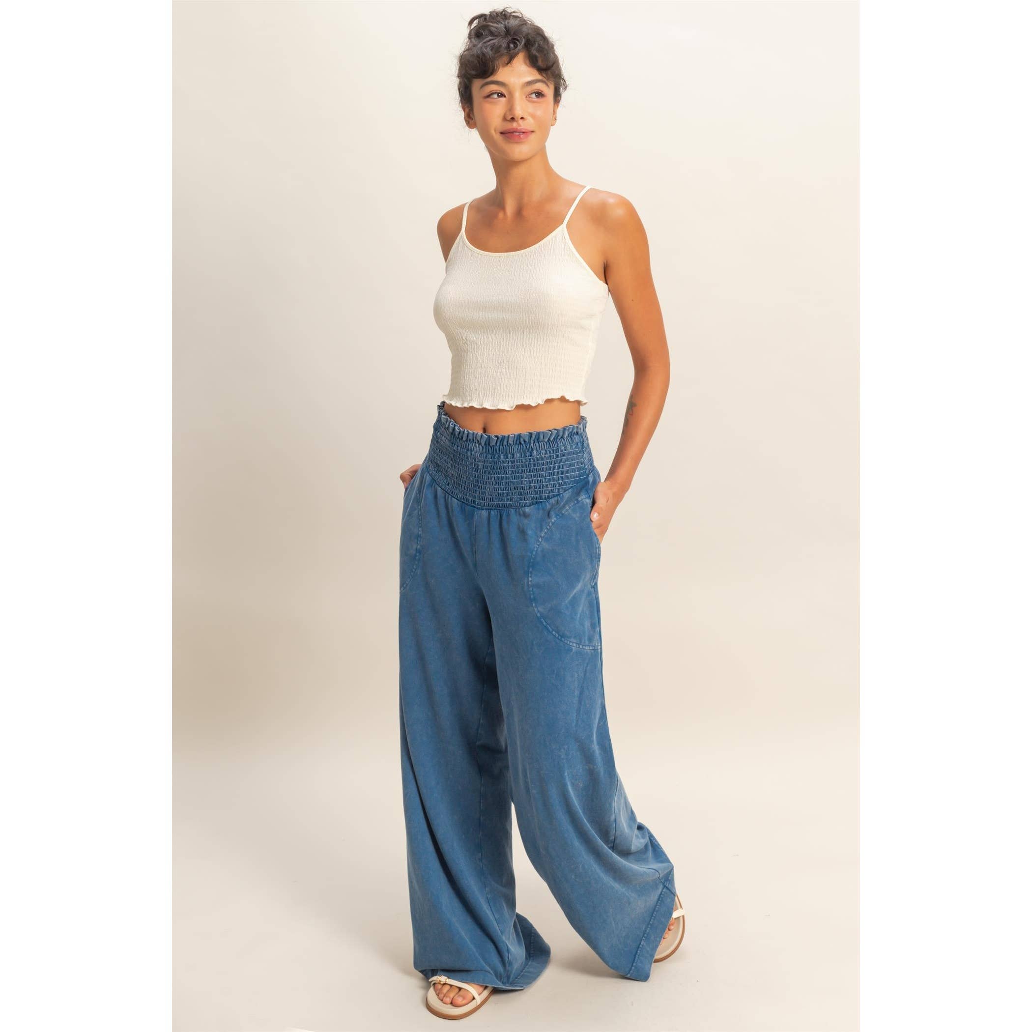 Mineral Washed Wide-Leg Smocked Waist Pants: SOFT PINK / S-M-L(2-2-2)