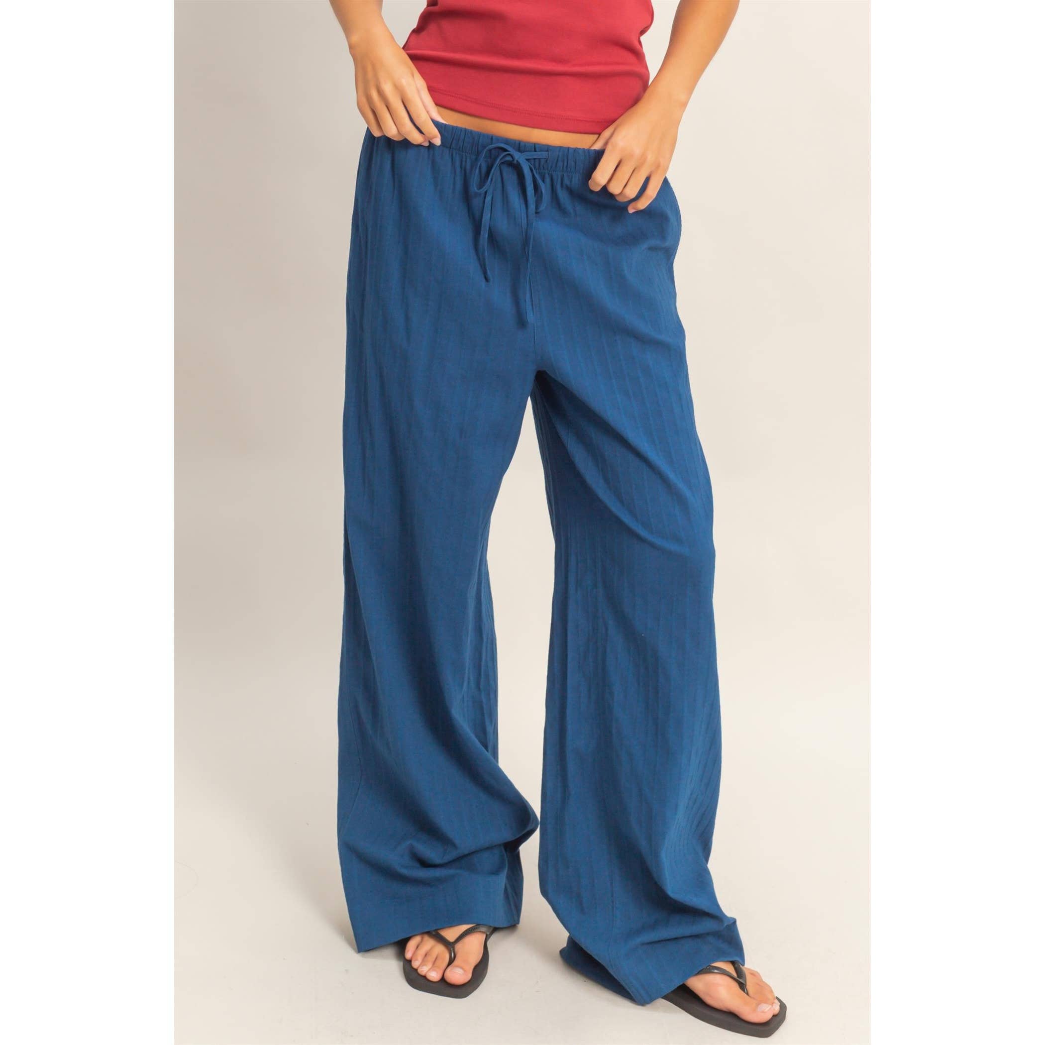 Pinstriped Jacquard Drawstring Pants: NAVY / S-M-L(2-2-2)