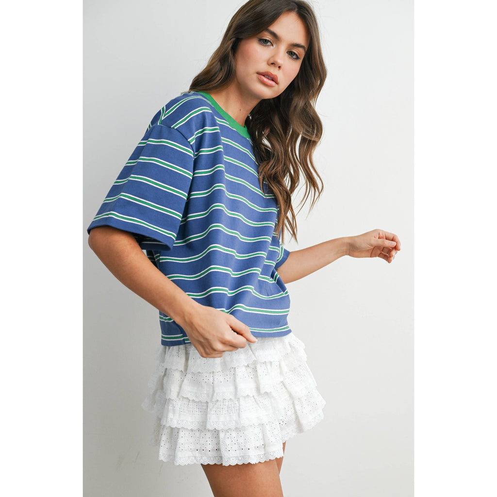 Striped Boxy Cropped T-Shirt - BMT8347: GREEN / PINK / L