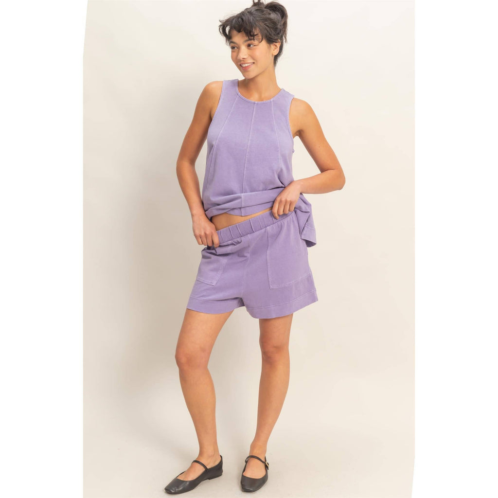Sleeveless Round Neck Top & Shorts Set: DUSTY PURPLE / S-M-L(2-2-2)
