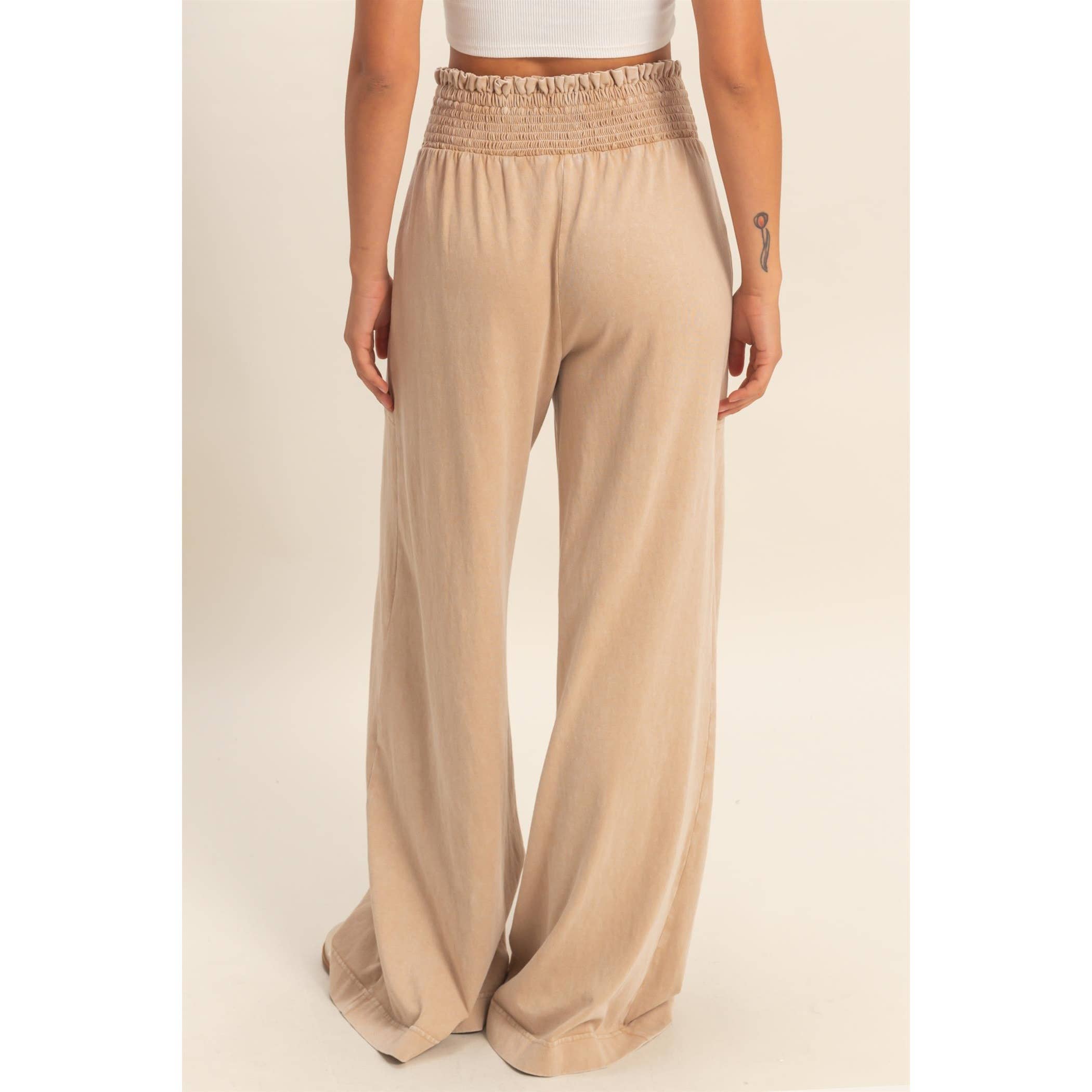 Mineral Washed Wide-Leg Smocked Waist Pants: SOFT PINK / S-M-L(2-2-2)