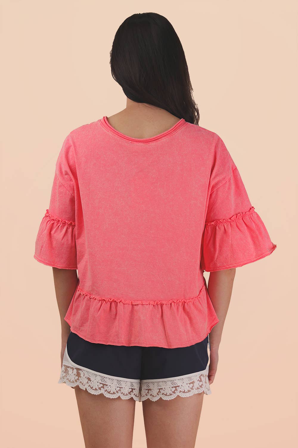 Mineral Washed Ruffle Detail Knit Top: BLUE /
