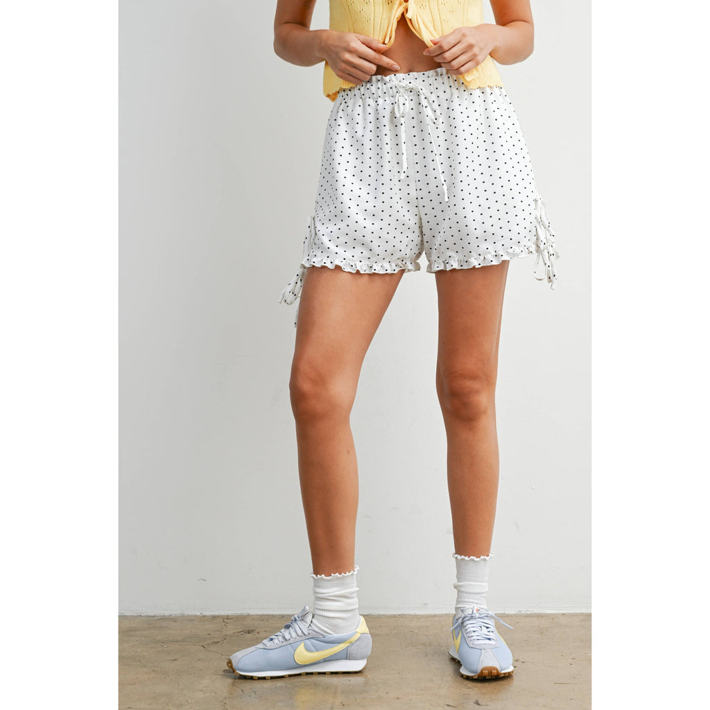Polka Dot Ruffle Hem Tie-Side Shorts - BMP8189: IVORY / BLACK / M