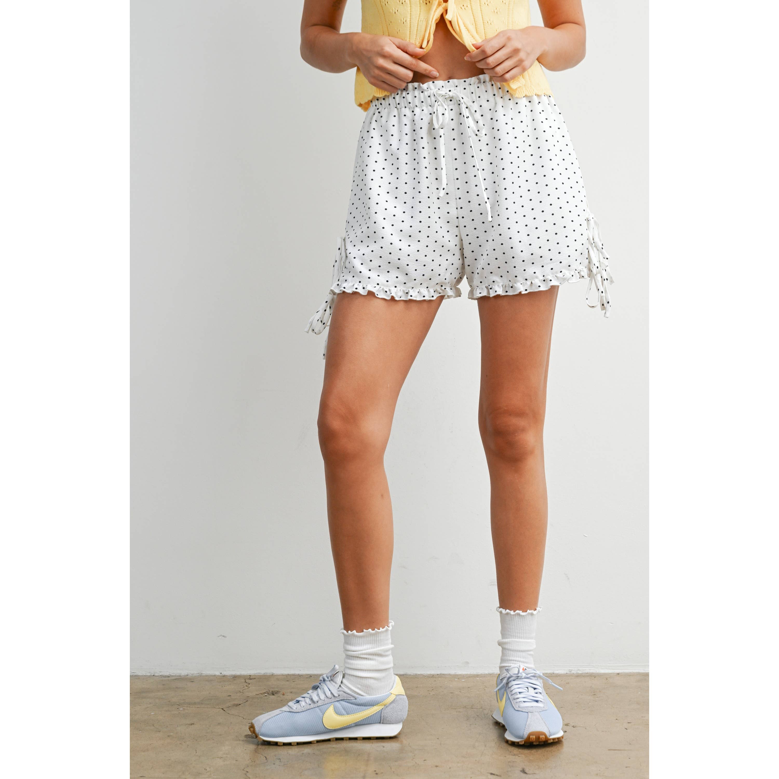 Polka Dot Ruffle Hem Tie-Side Shorts - BMP8189: IVORY / BLACK / L
