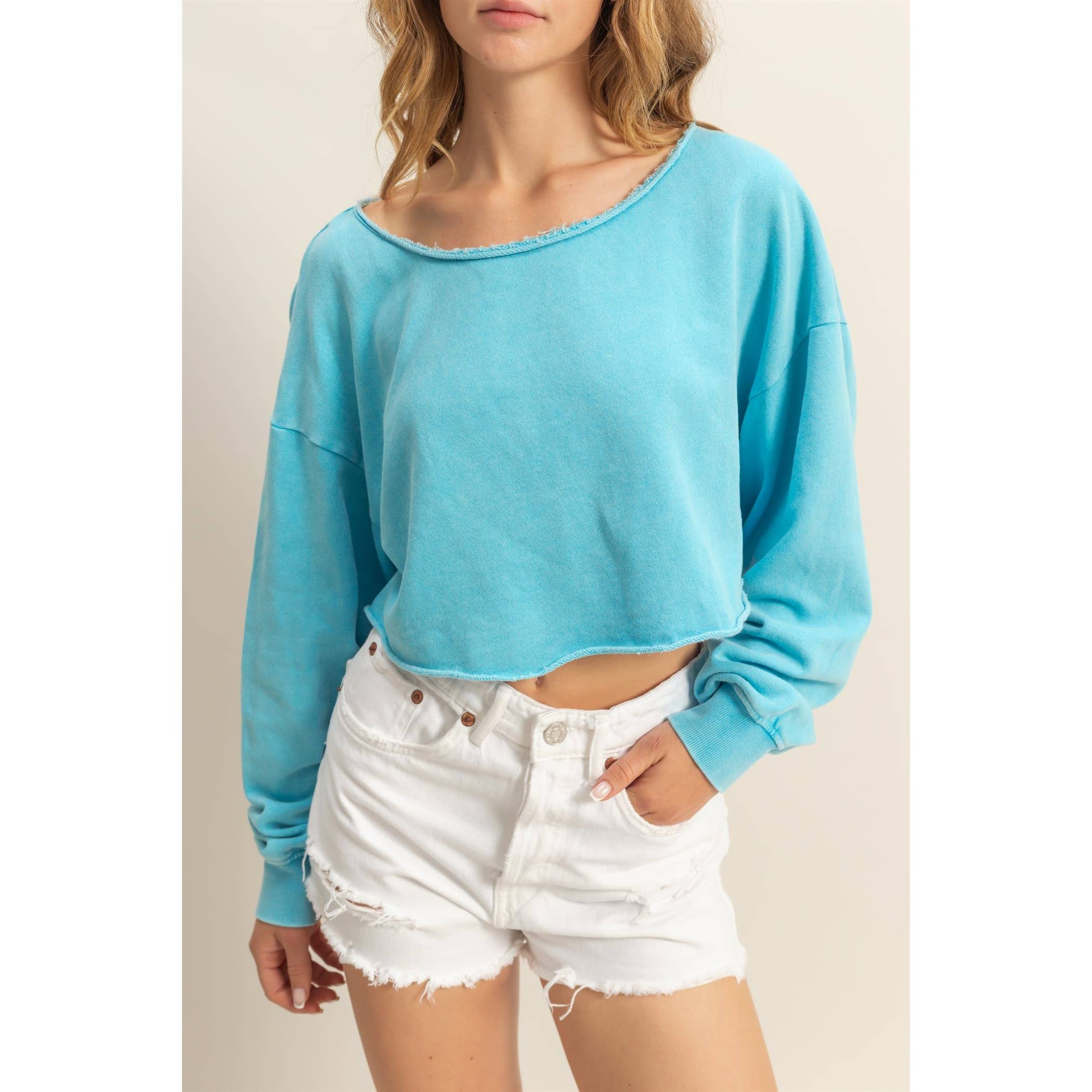 Frayed Detail Long Sleeve Crop Top: SAGE GREEN / S-M-L(2-2-2)