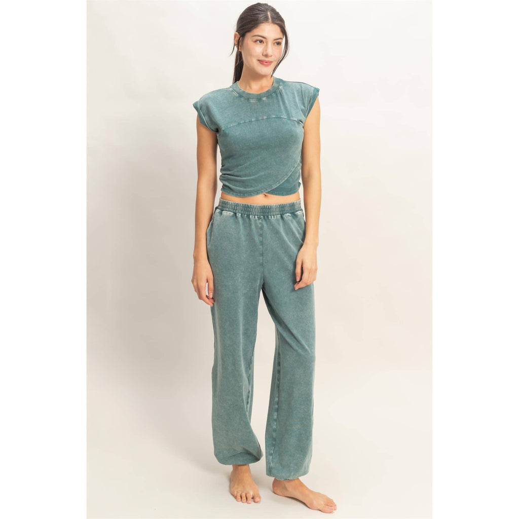 Rolled Sleeve Wrap-Front Crop Top And Jogger Set: SAGE GREEN / S-M-L(2-2-2)