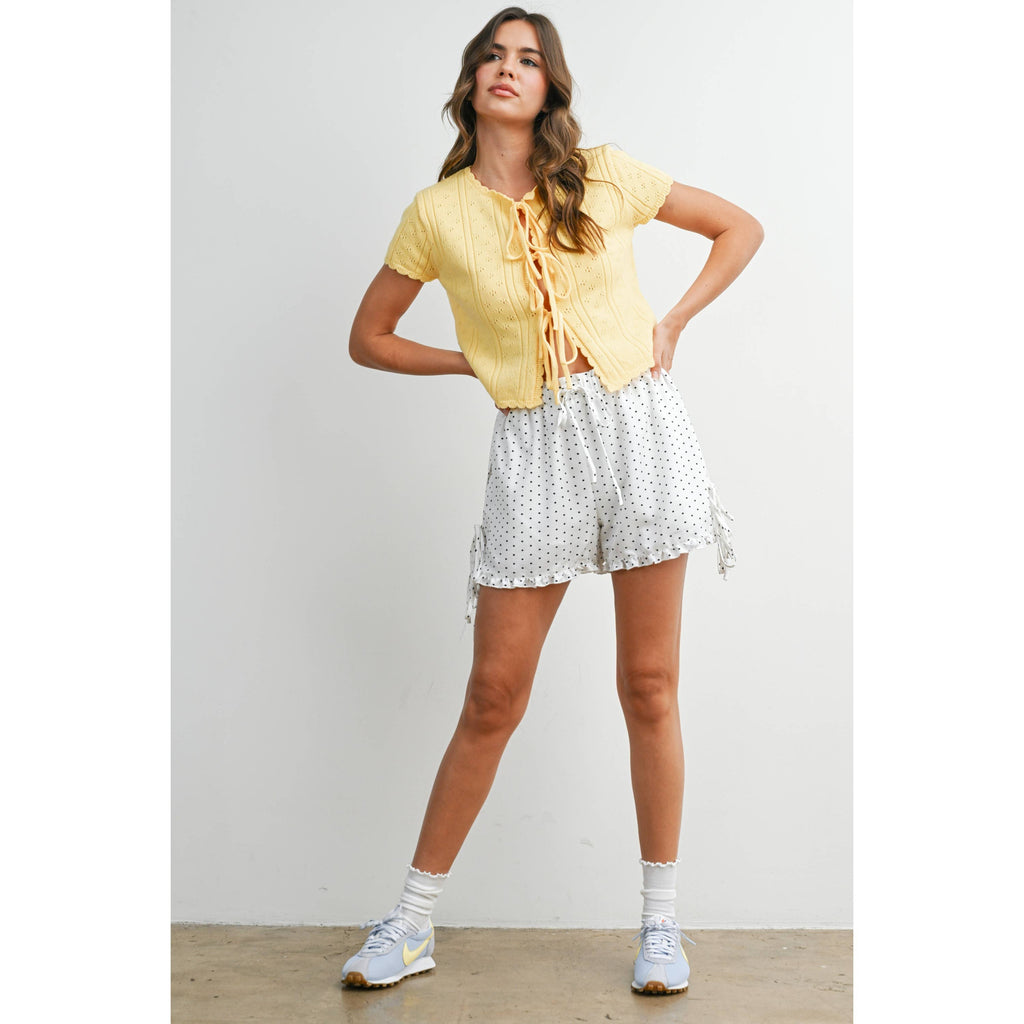 Polka Dot Ruffle Hem Tie-Side Shorts - BMP8189: IVORY / BLACK / L