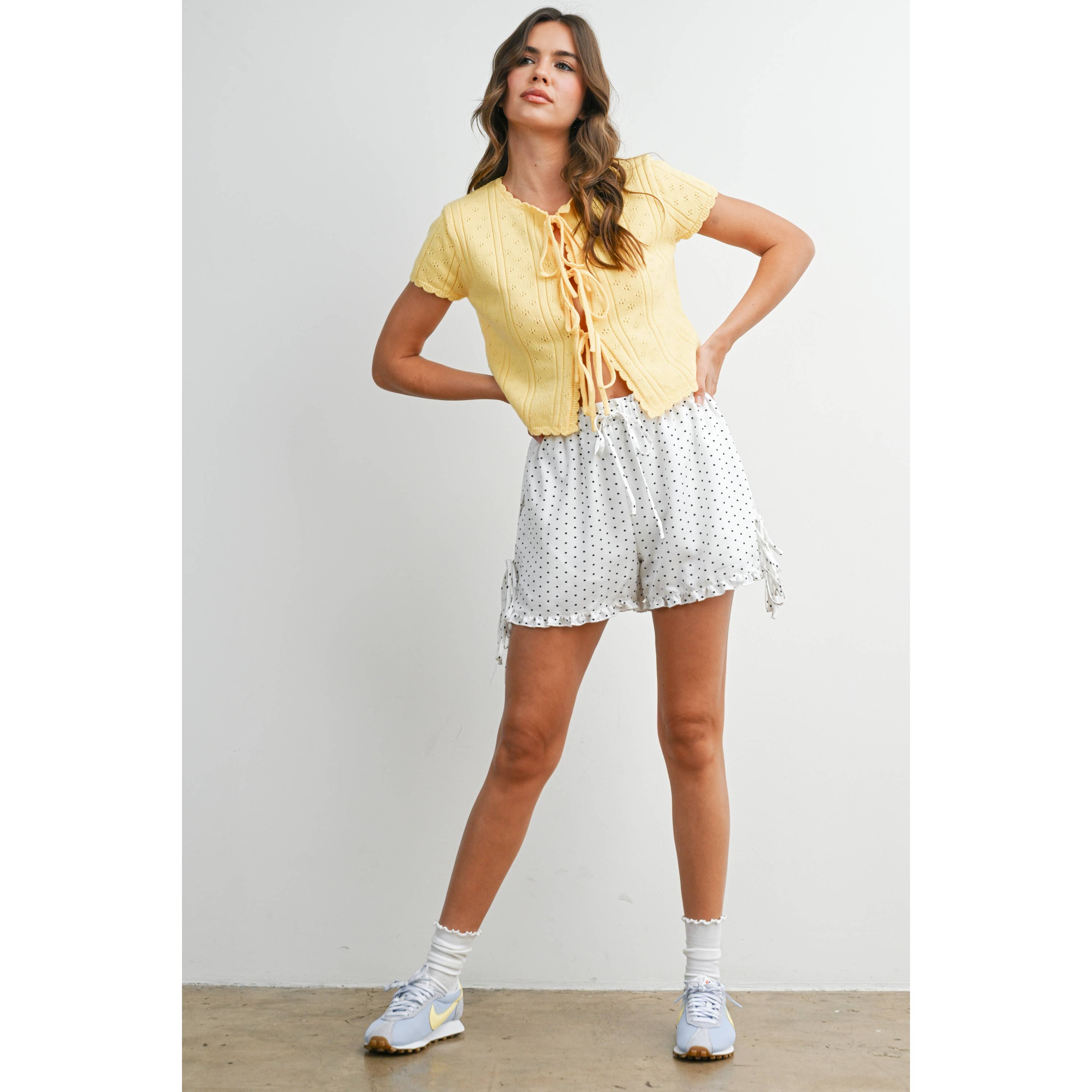 Polka Dot Ruffle Hem Tie-Side Shorts - BMP8189: IVORY / BLACK / M