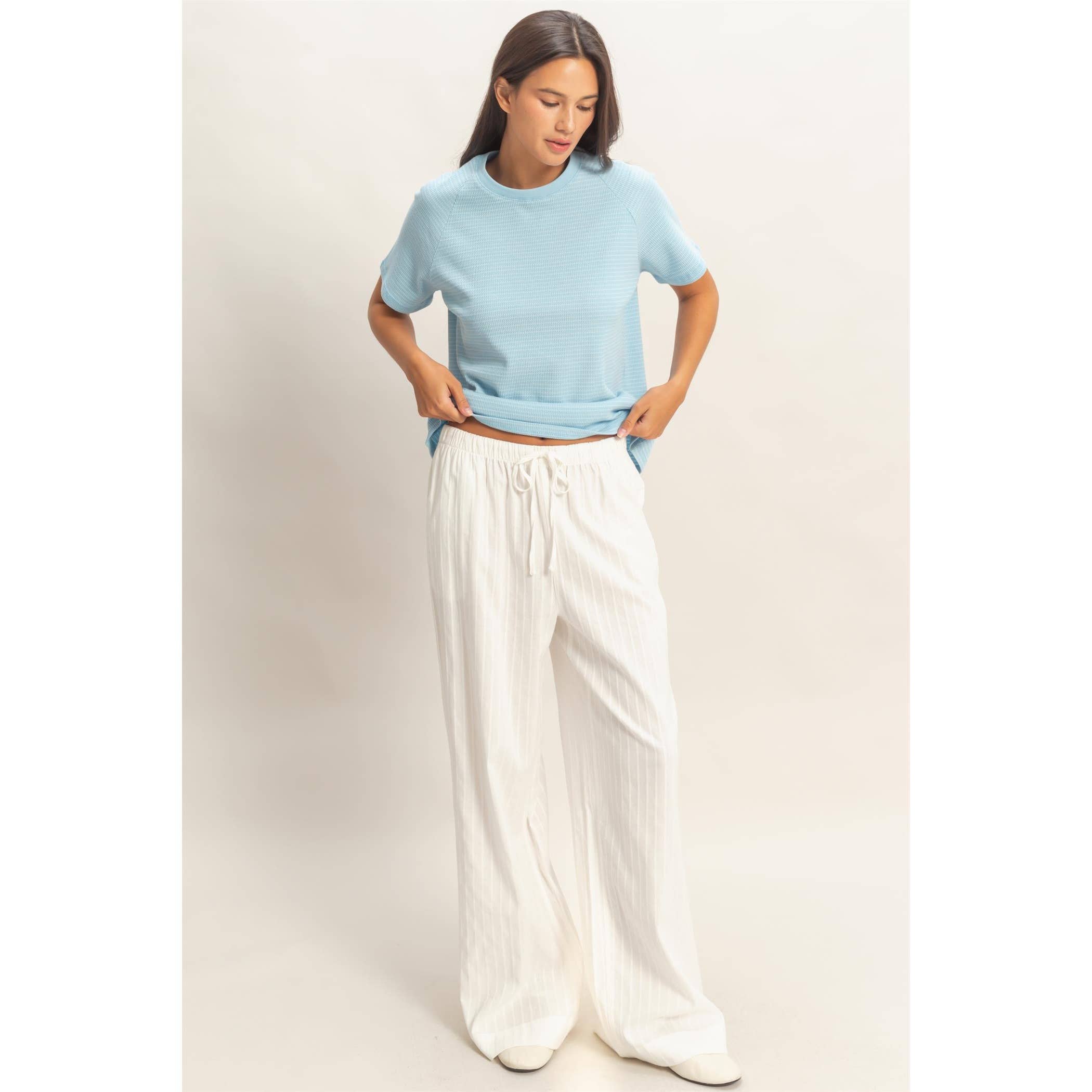 Pinstriped Jacquard Drawstring Pants: NAVY / S-M-L(2-2-2)