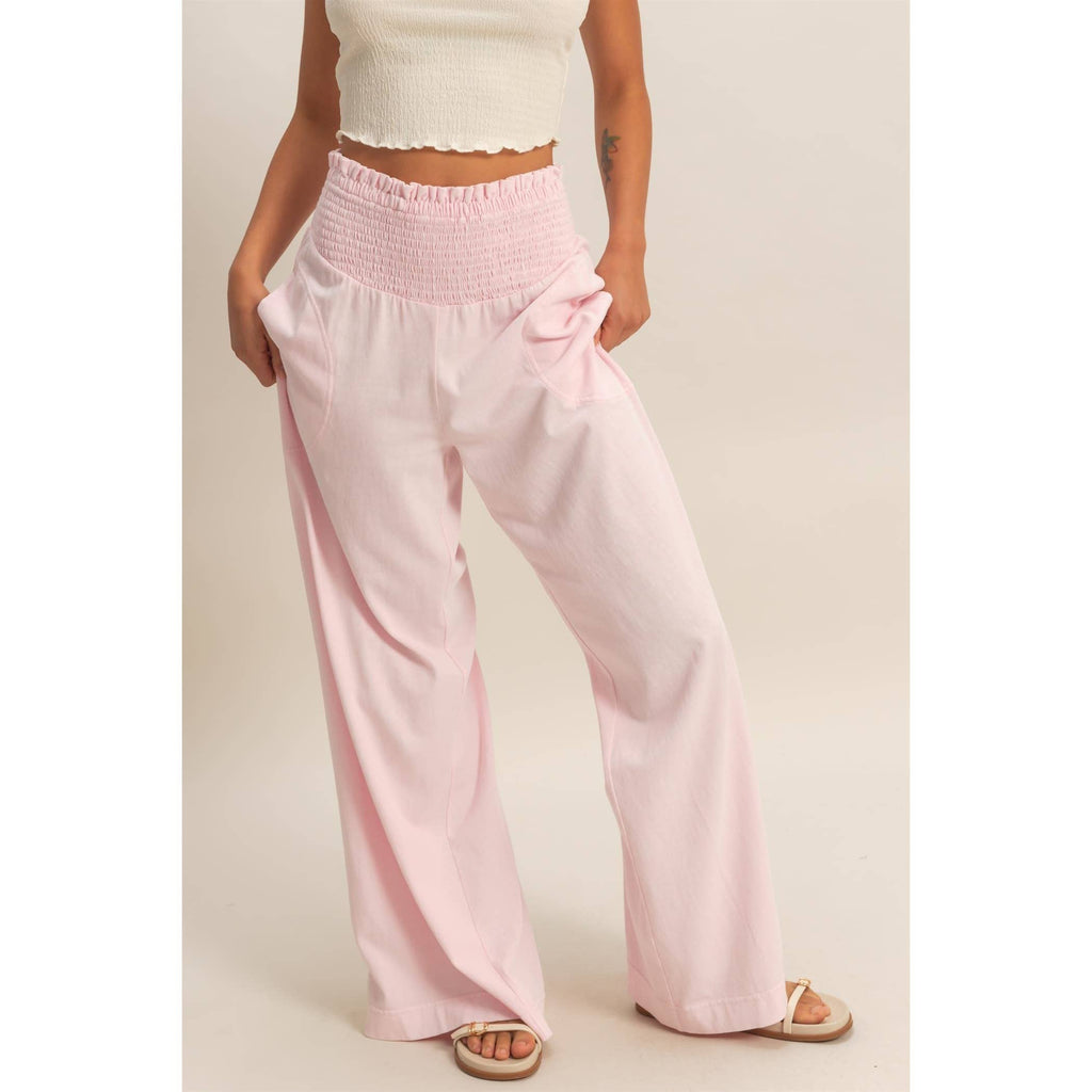 Mineral Washed Wide-Leg Smocked Waist Pants: SOFT PINK / S-M-L(2-2-2)
