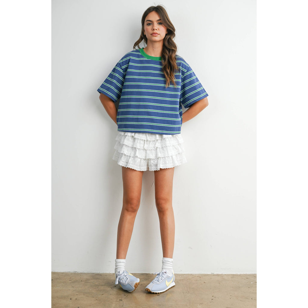 Striped Boxy Cropped T-Shirt - BMT8347: GREEN / PINK / S