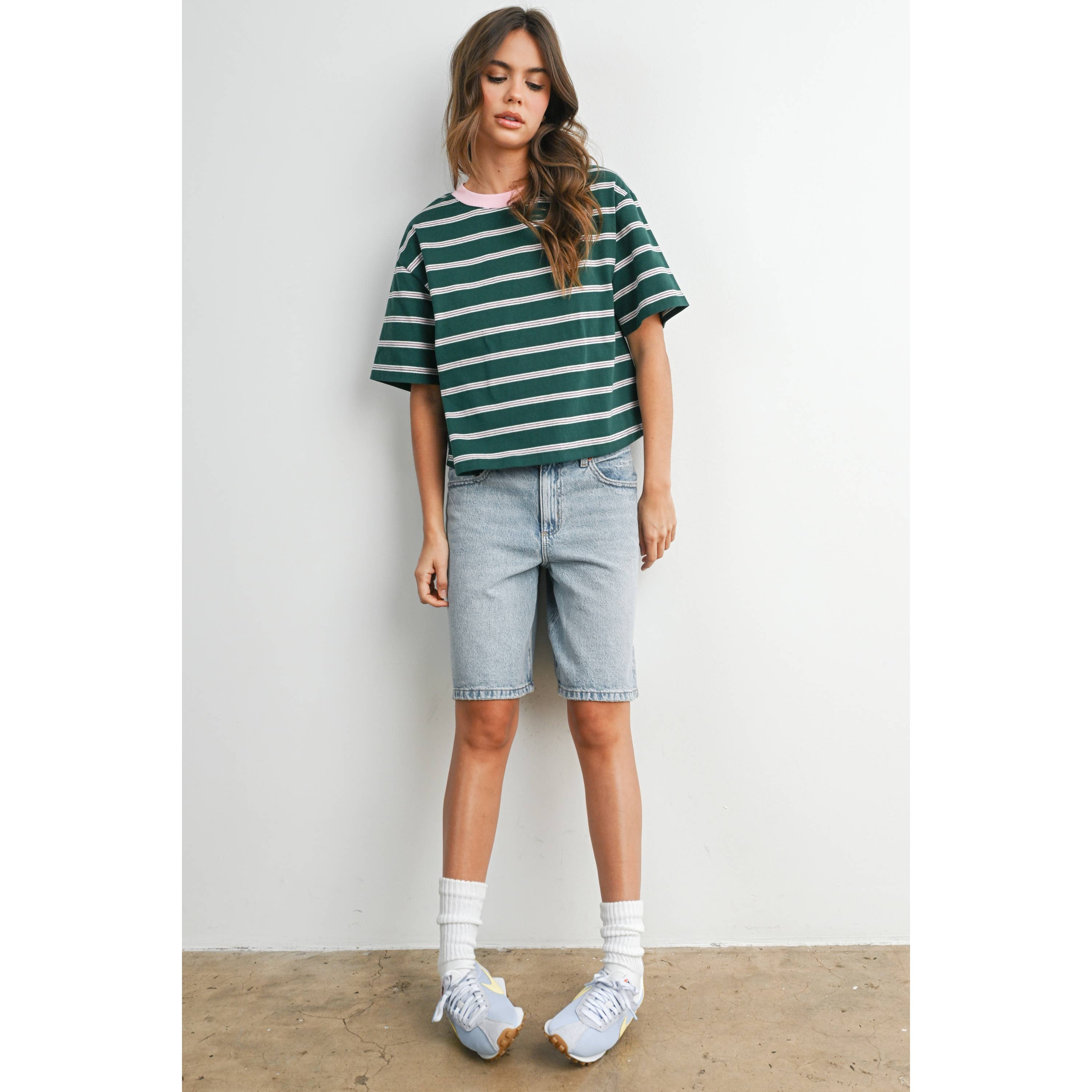 Striped Boxy Cropped T-Shirt - BMT8347: GREEN / PINK / L