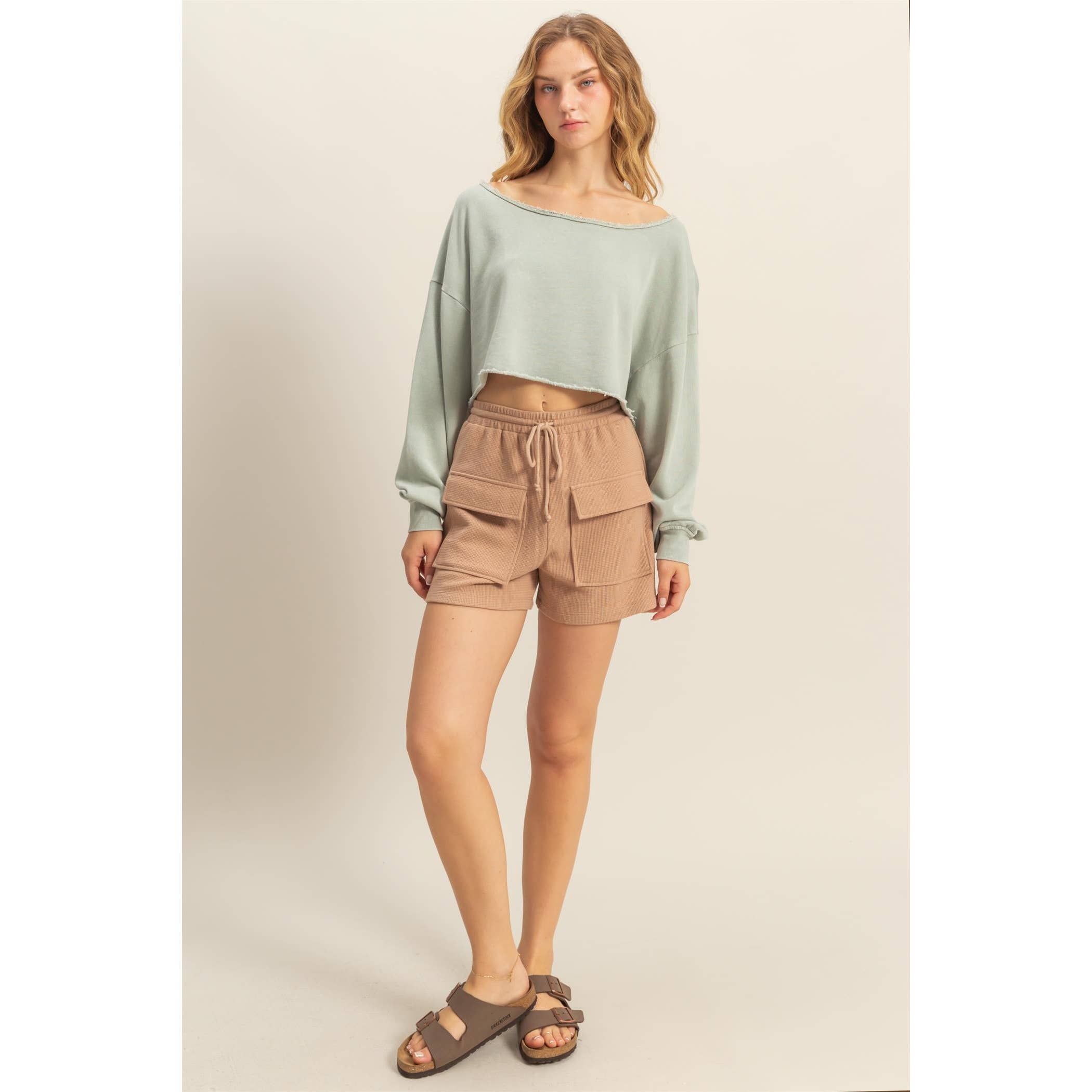 Frayed Detail Long Sleeve Crop Top: SAGE GREEN / S-M-L(2-2-2)