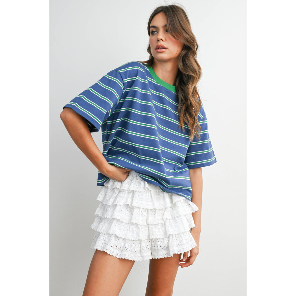 Striped Boxy Cropped T-Shirt - BMT8347: GREEN / PINK / M