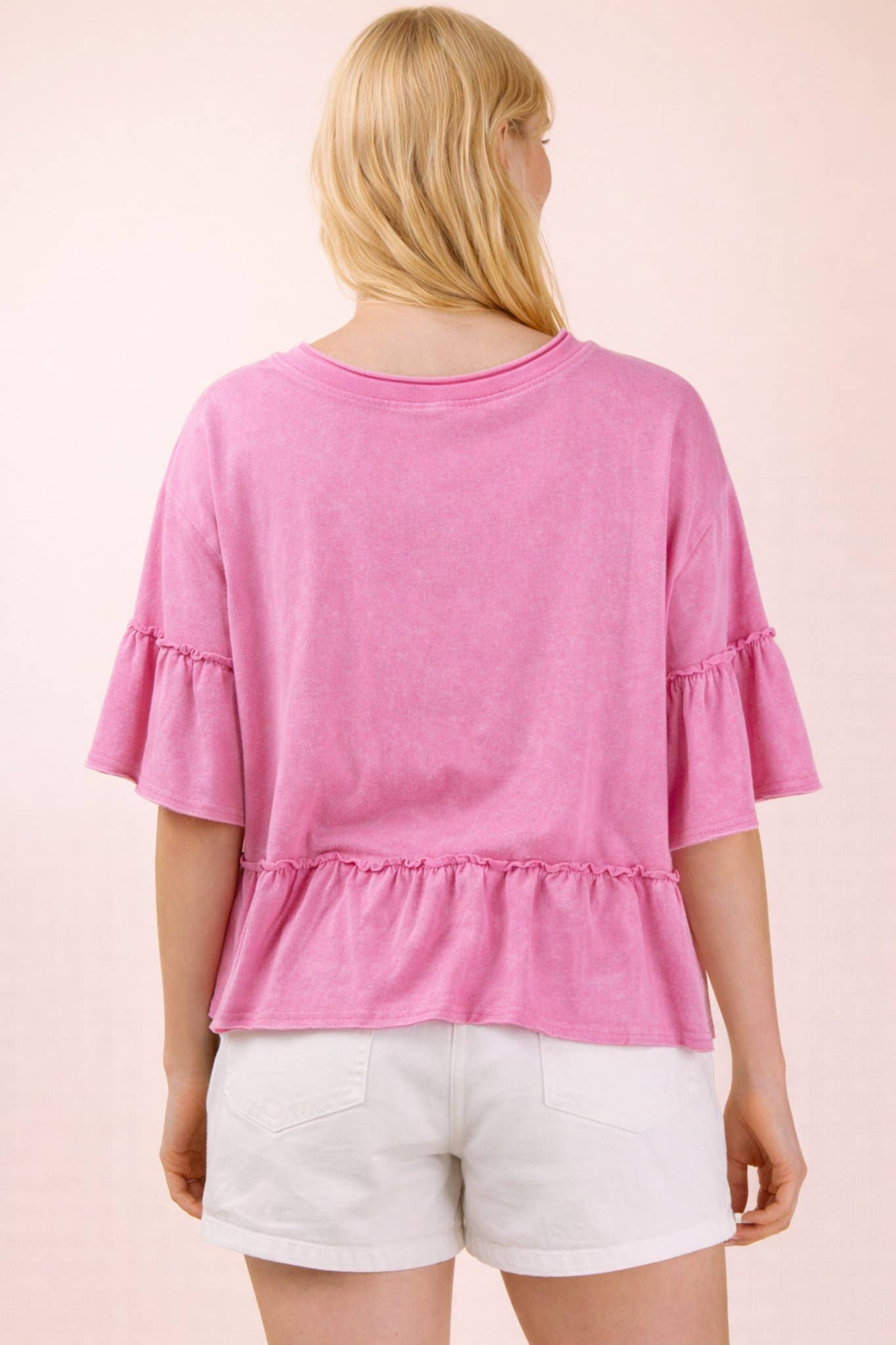 Mineral Washed Ruffle Detail Knit Top: BLUE /