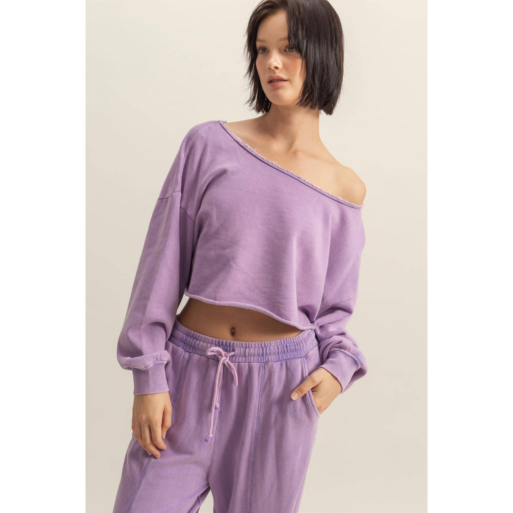 Frayed Detail Long Sleeve Crop Top: SAGE GREEN / S-M-L(2-2-2)