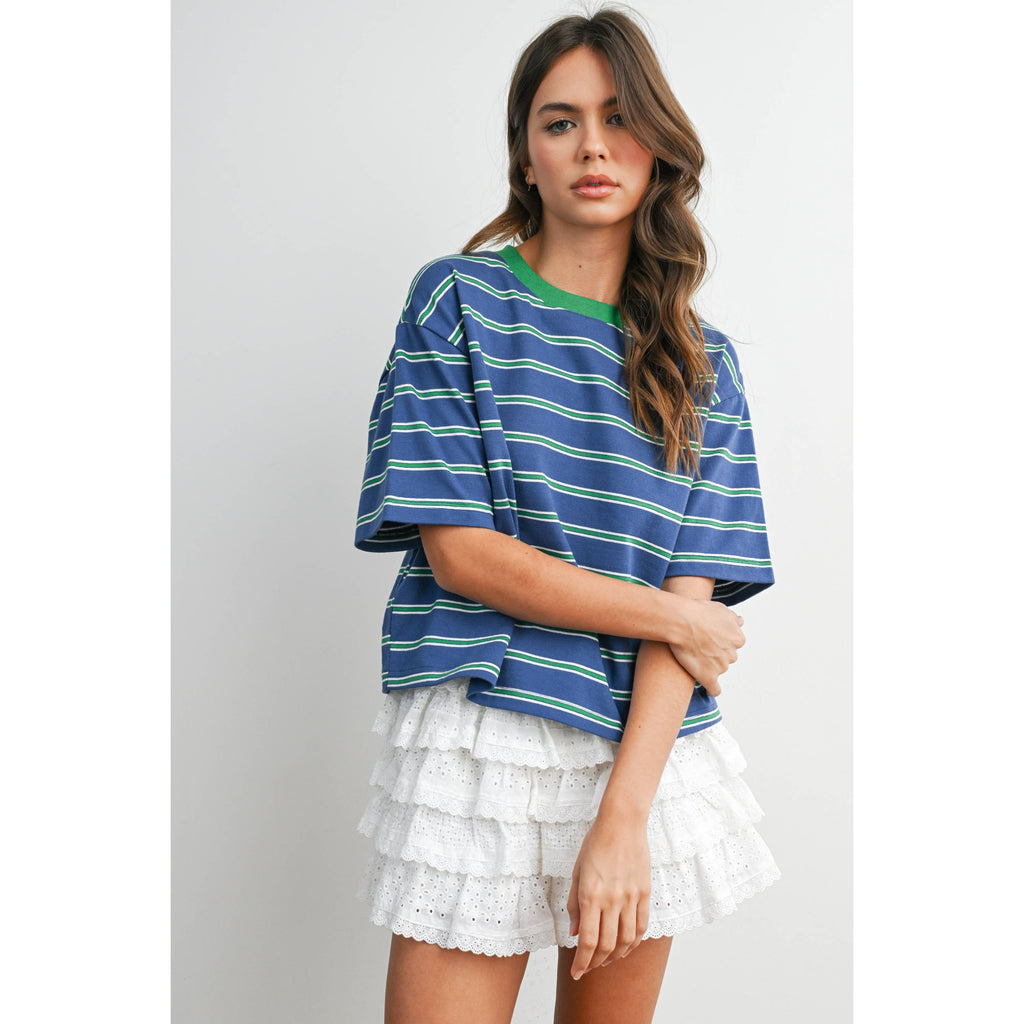 Striped Boxy Cropped T-Shirt - BMT8347: GREEN / PINK / M