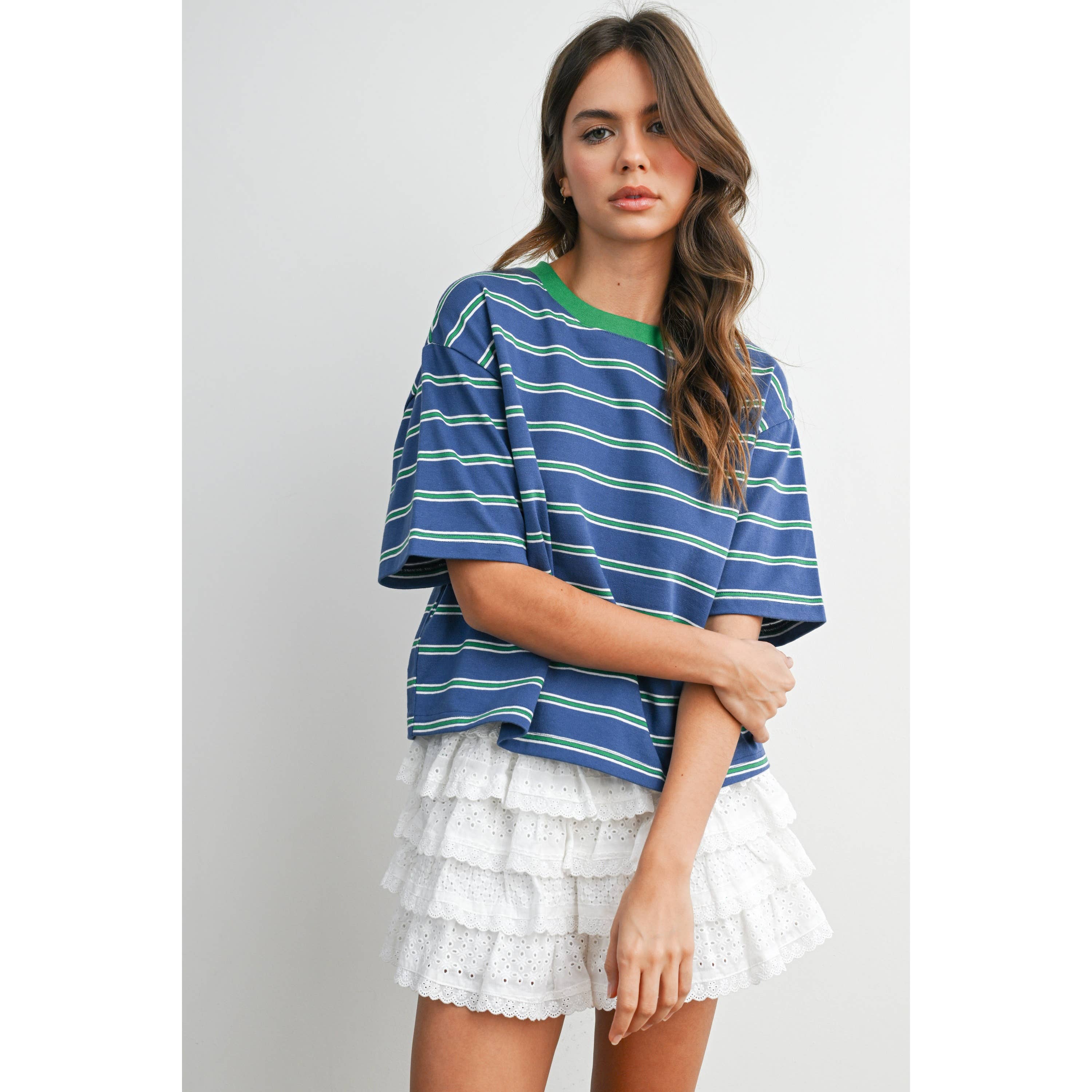 Striped Boxy Cropped T-Shirt - BMT8347: GREEN / PINK / M