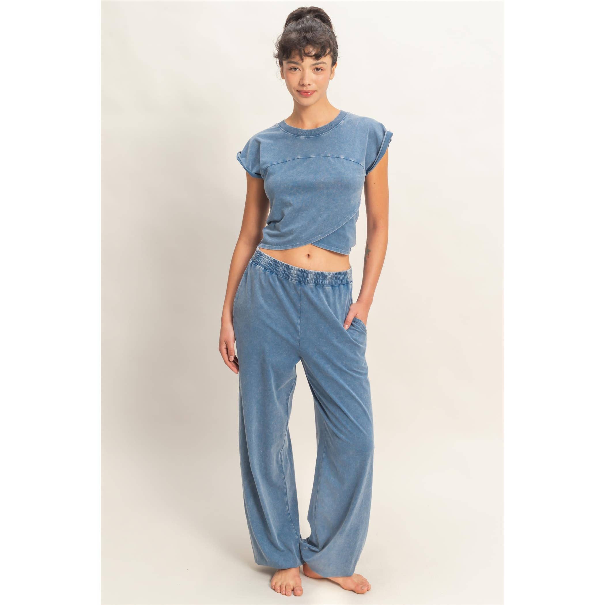 Rolled Sleeve Wrap-Front Crop Top And Jogger Set: SAGE GREEN / S-M-L(2-2-2)