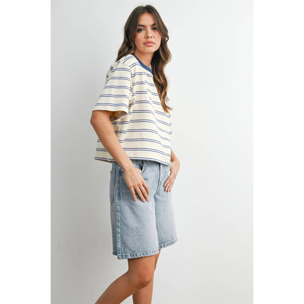 Striped Boxy Cropped T-Shirt - BMT8347: GREEN / PINK / S