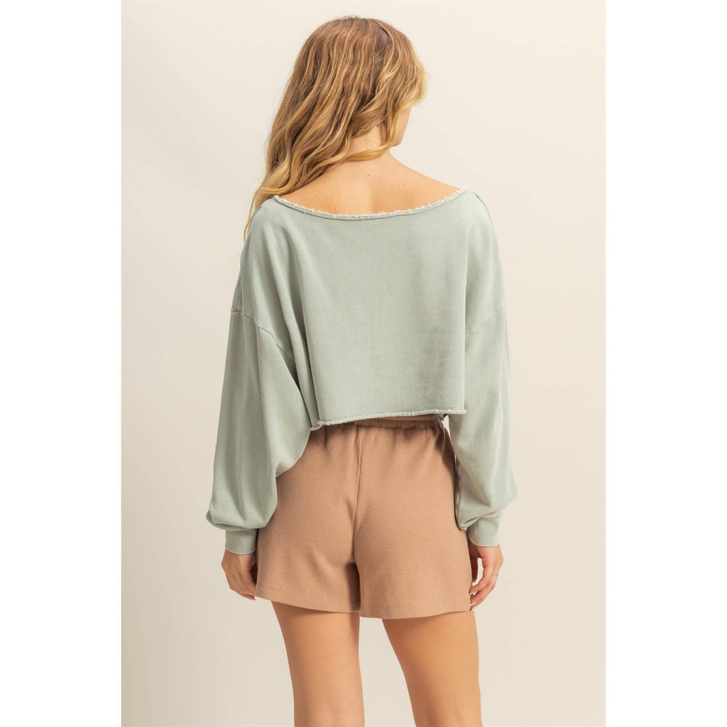 Frayed Detail Long Sleeve Crop Top: SAGE GREEN / S-M-L(2-2-2)