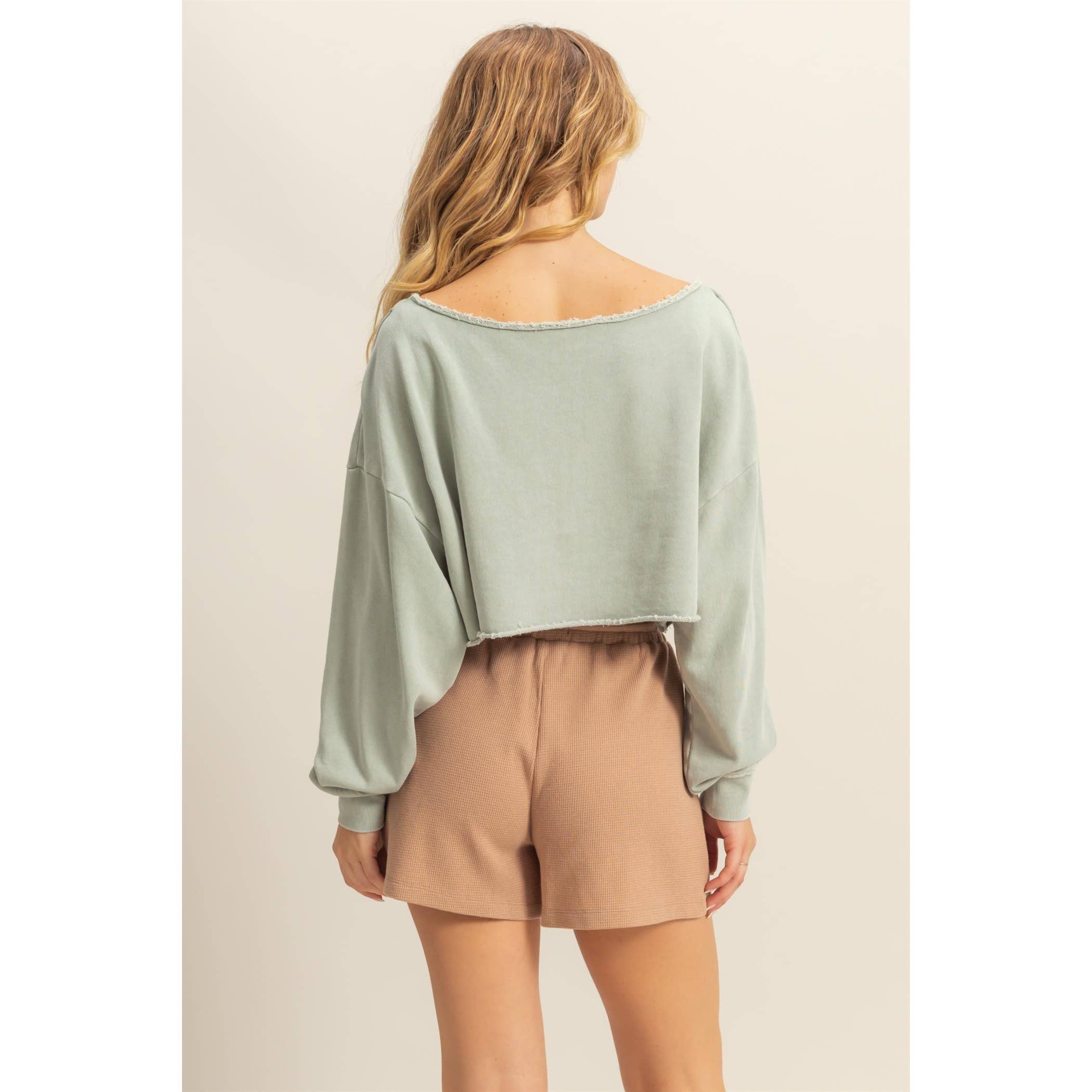 Frayed Detail Long Sleeve Crop Top: SAGE GREEN / S-M-L(2-2-2)