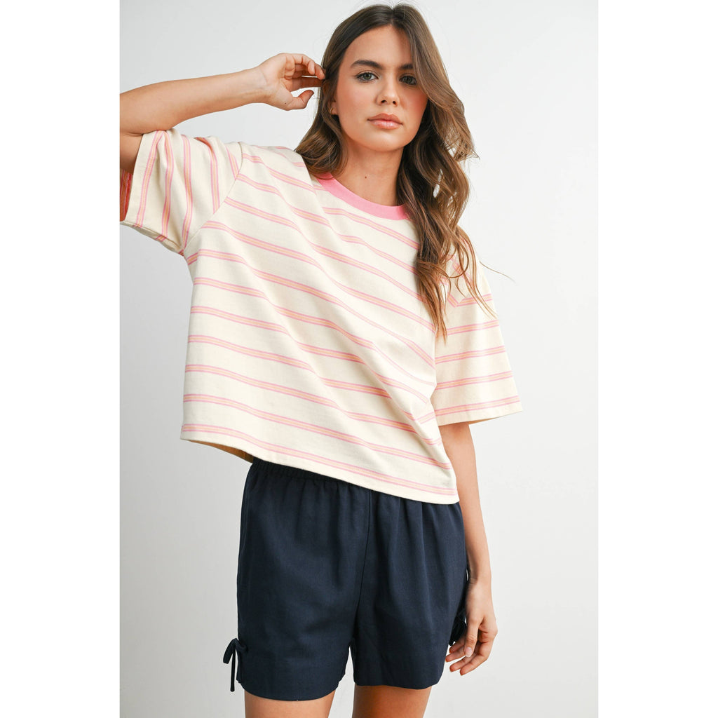 Striped Boxy Cropped T-Shirt - BMT8347: GREEN / PINK / S