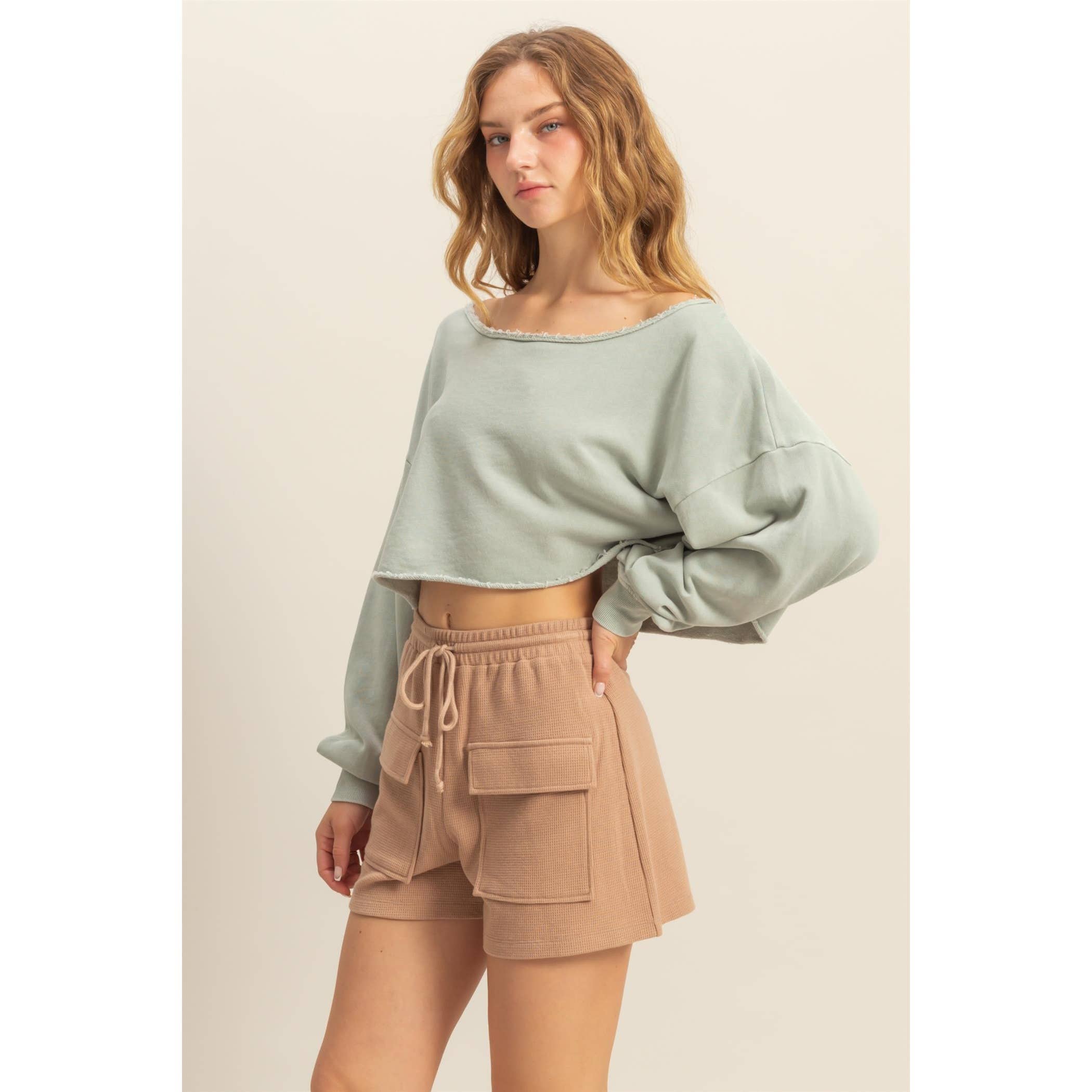 Frayed Detail Long Sleeve Crop Top: SAGE GREEN / S-M-L(2-2-2)