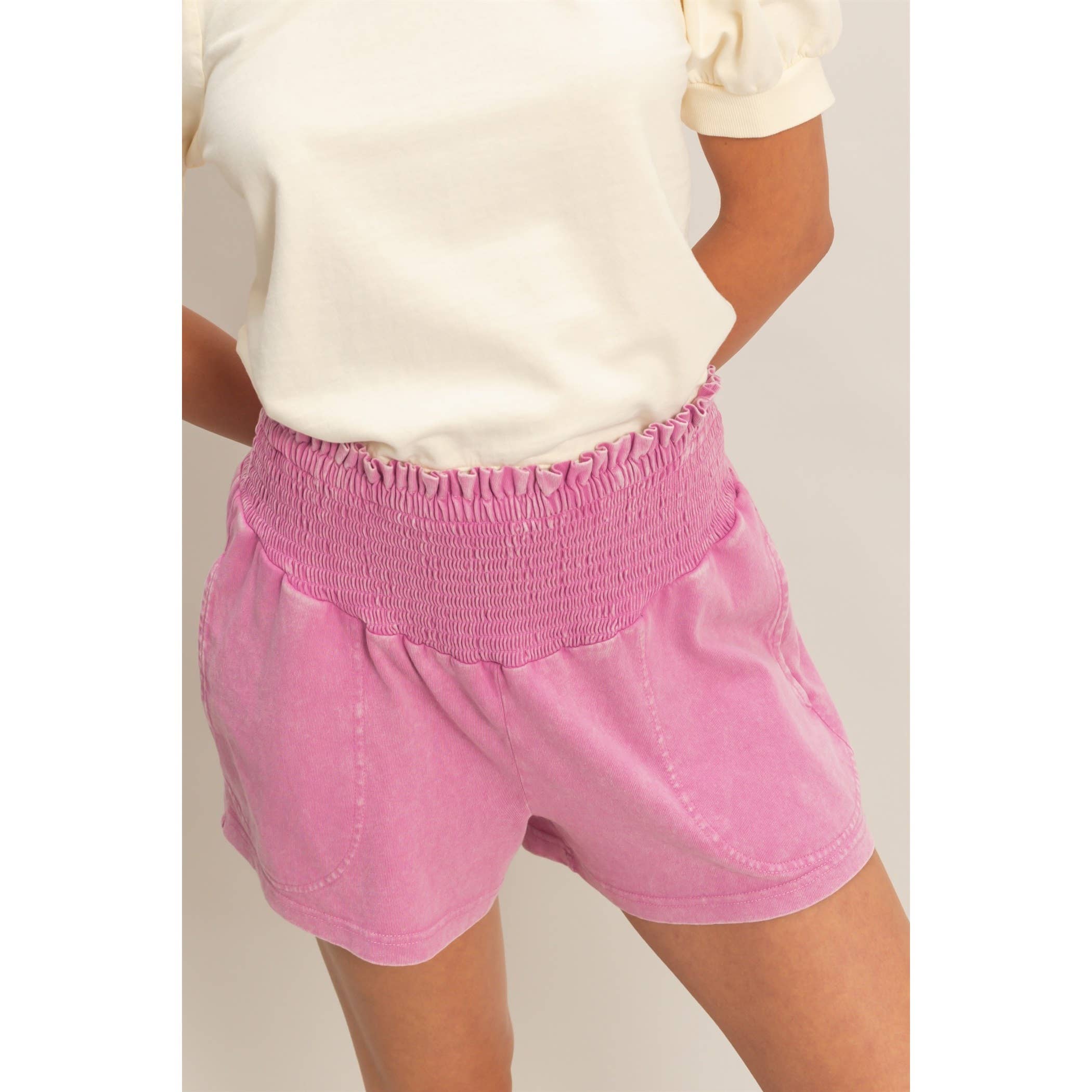 Smocked Waist Mineral Wash Shorts: FUCHSIA / S-M-L(2-2-2)