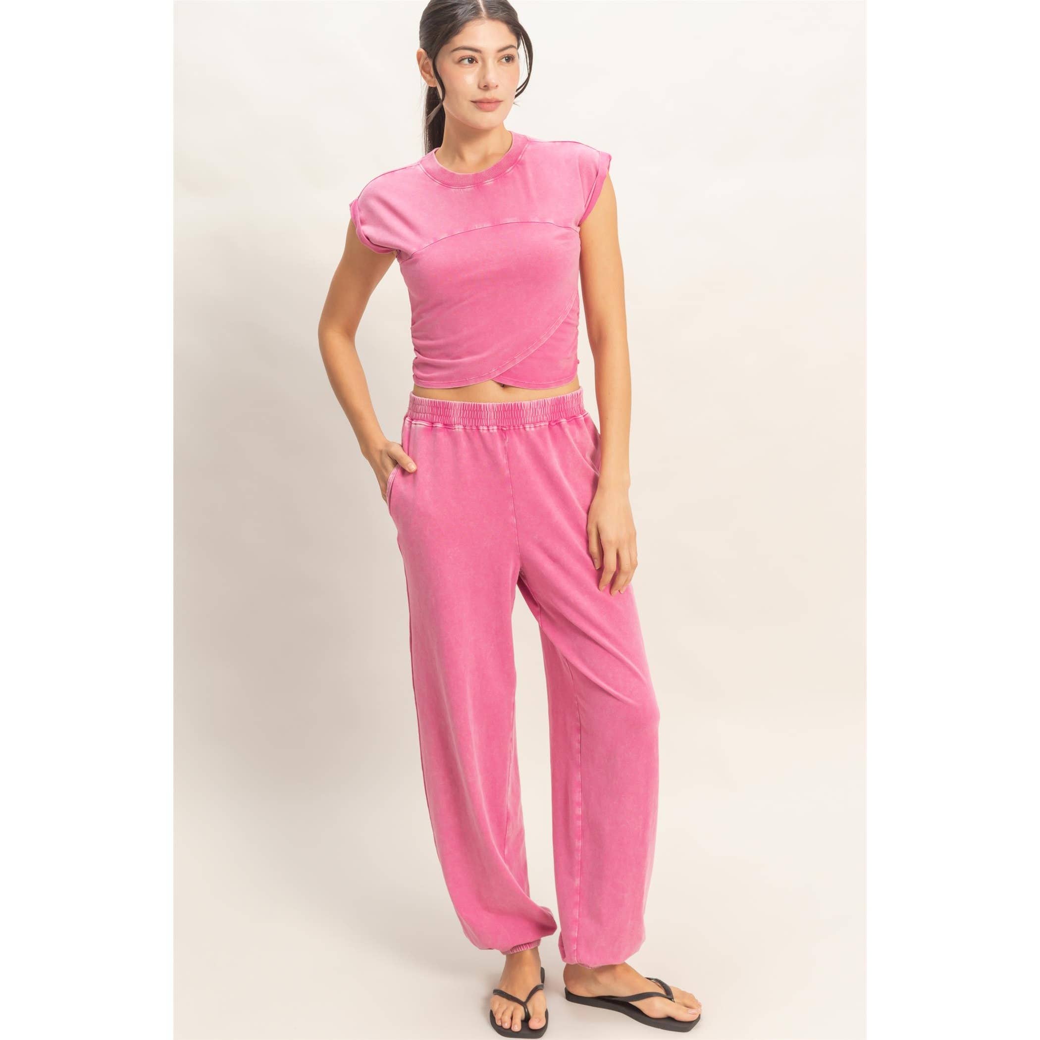 Rolled Sleeve Wrap-Front Crop Top And Jogger Set: SAGE GREEN / S-M-L(2-2-2)
